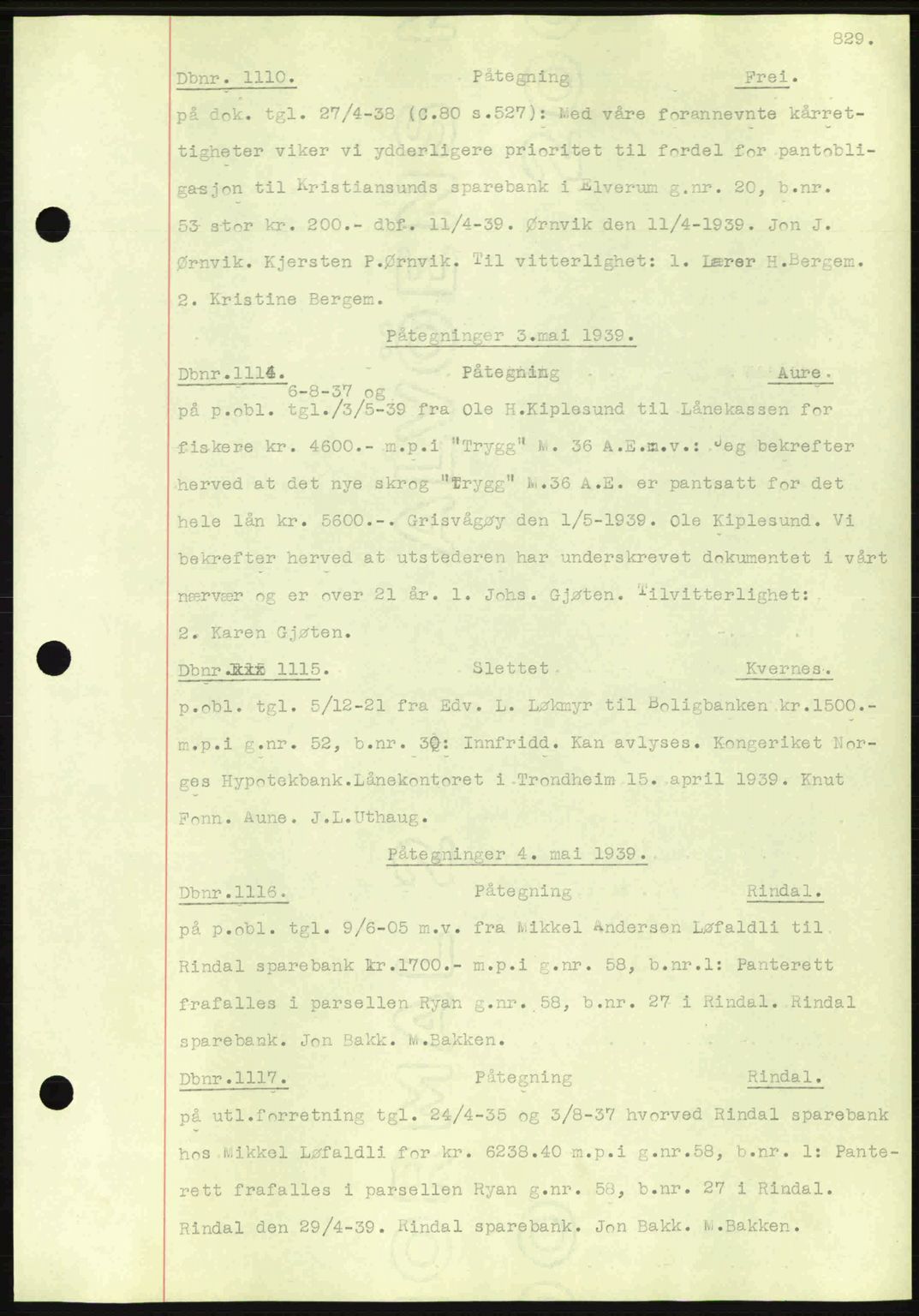 Nordmøre sorenskriveri, AV/SAT-A-4132/1/2/2Ca: Mortgage book no. C80, 1936-1939, Diary no: : 1110/1939