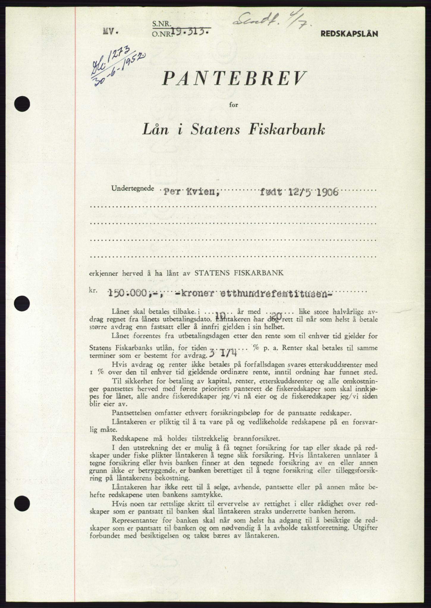 Søre Sunnmøre sorenskriveri, AV/SAT-A-4122/1/2/2C/L0121: Mortgage book no. 9B, 1951-1952, Diary no: : 1273/1952