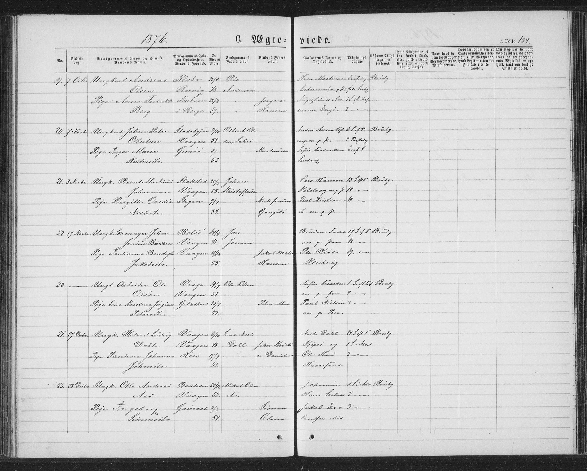 Ministerialprotokoller, klokkerbøker og fødselsregistre - Nordland, AV/SAT-A-1459/874/L1074: Parish register (copy) no. 874C03, 1870-1876, p. 134