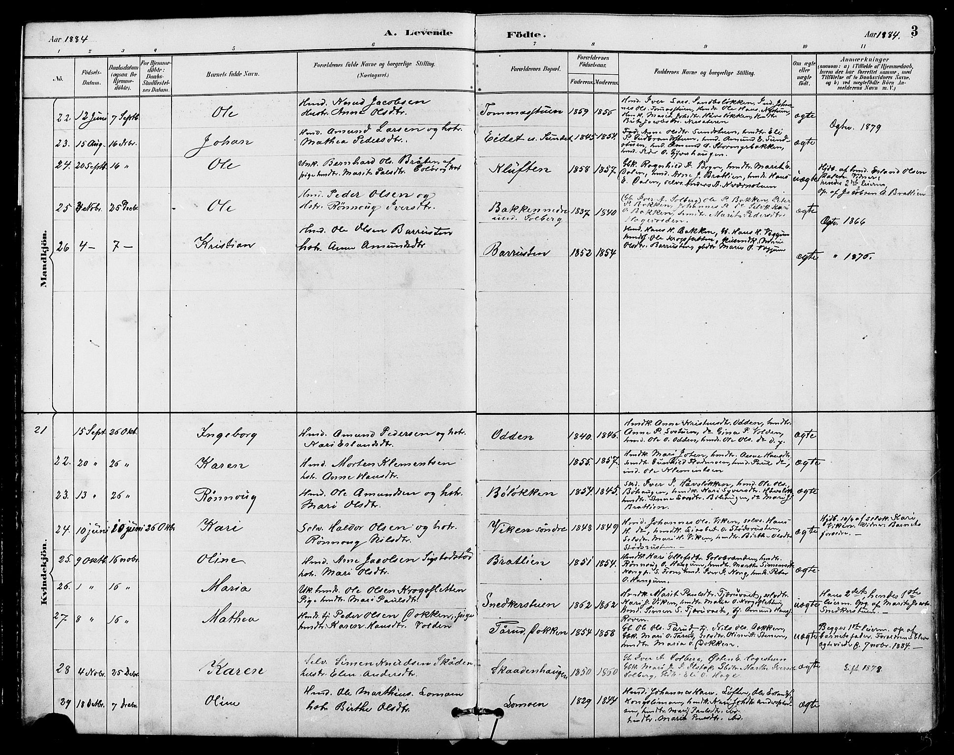 Nord-Fron prestekontor, SAH/PREST-080/H/Ha/Hab/L0004: Parish register (copy) no. 4, 1884-1914, p. 3