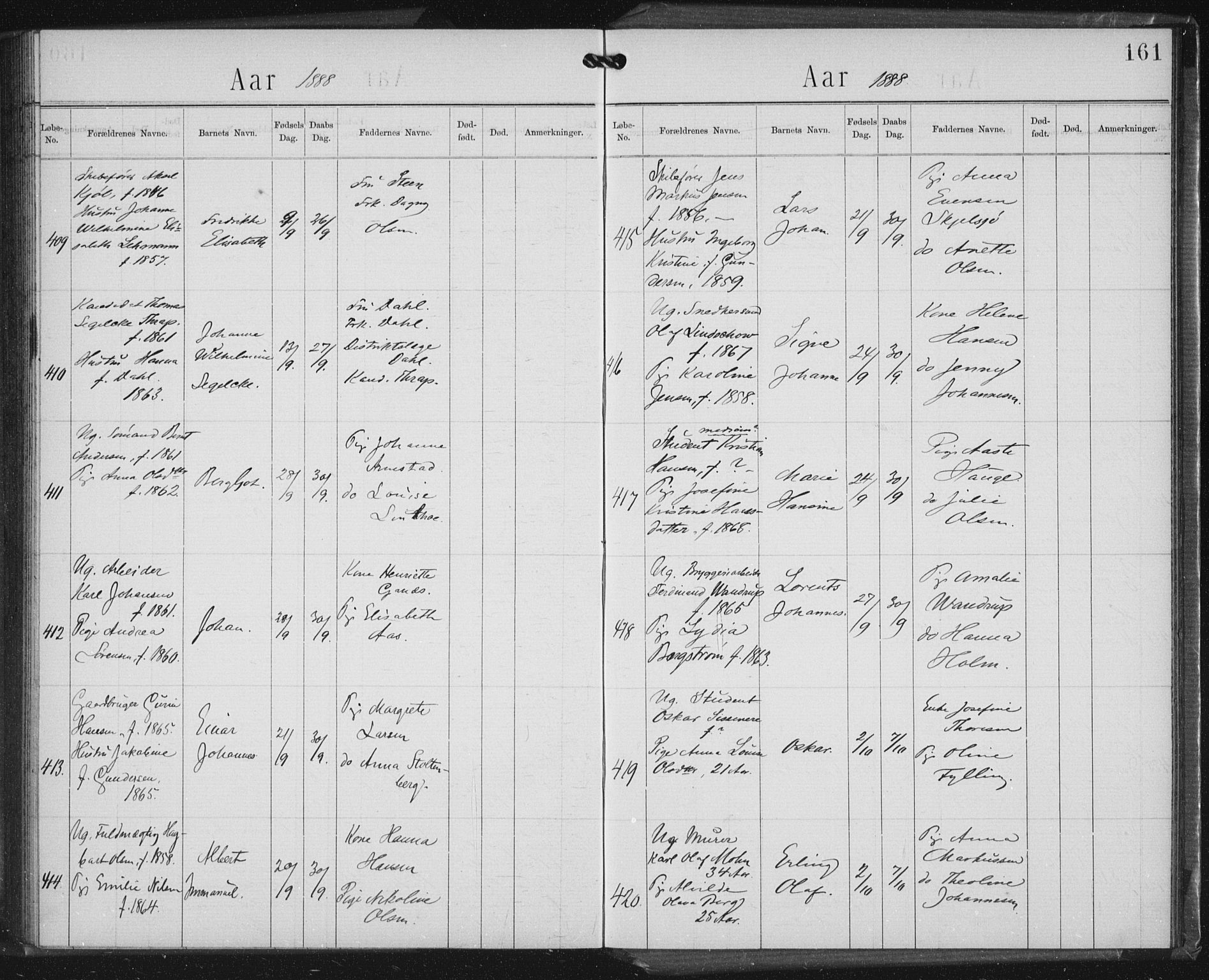 Rikshospitalet prestekontor Kirkebøker, SAO/A-10309b/K/L0003/0002: Baptism register no. 3.2, 1884-1889, p. 161