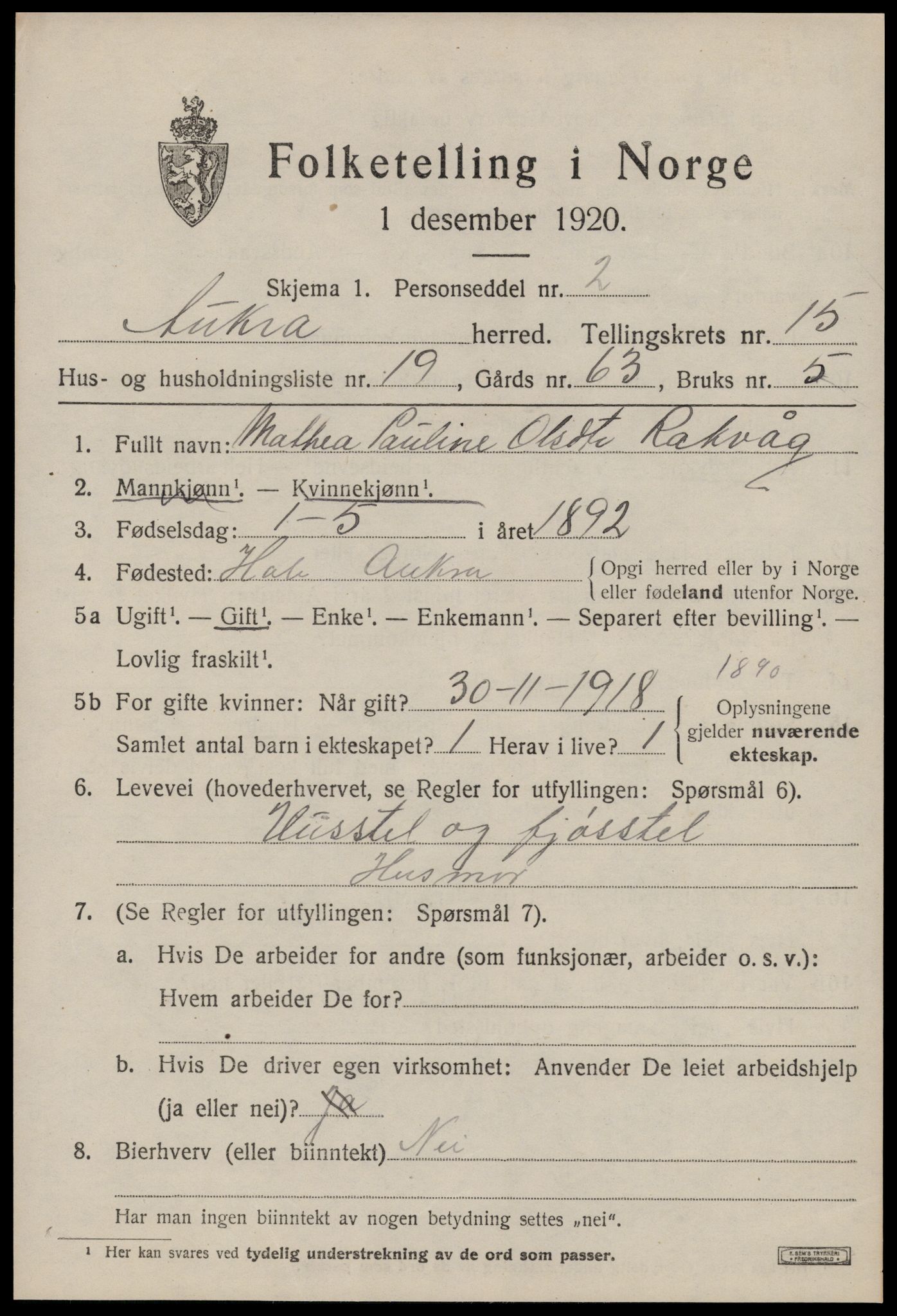 SAT, 1920 census for Aukra, 1920, p. 6925