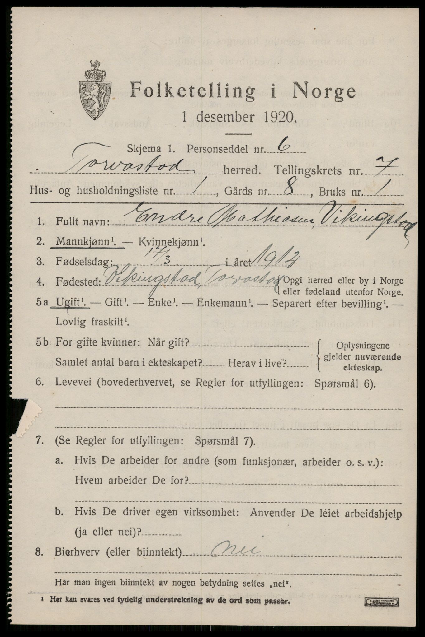 SAST, 1920 census for Torvastad, 1920, p. 5098