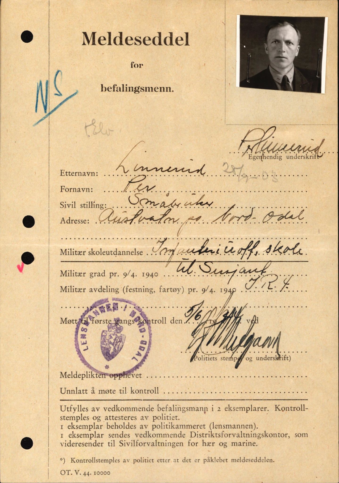 Forsvaret, Forsvarets krigshistoriske avdeling, AV/RA-RAFA-2017/Y/Yf/L0209: II-C-11-2121  -  Okkupasjonstiden.  Meldesedler for befal med foto og oppl. om militær grad 9. apr. 1940., 1944-1945, p. 101
