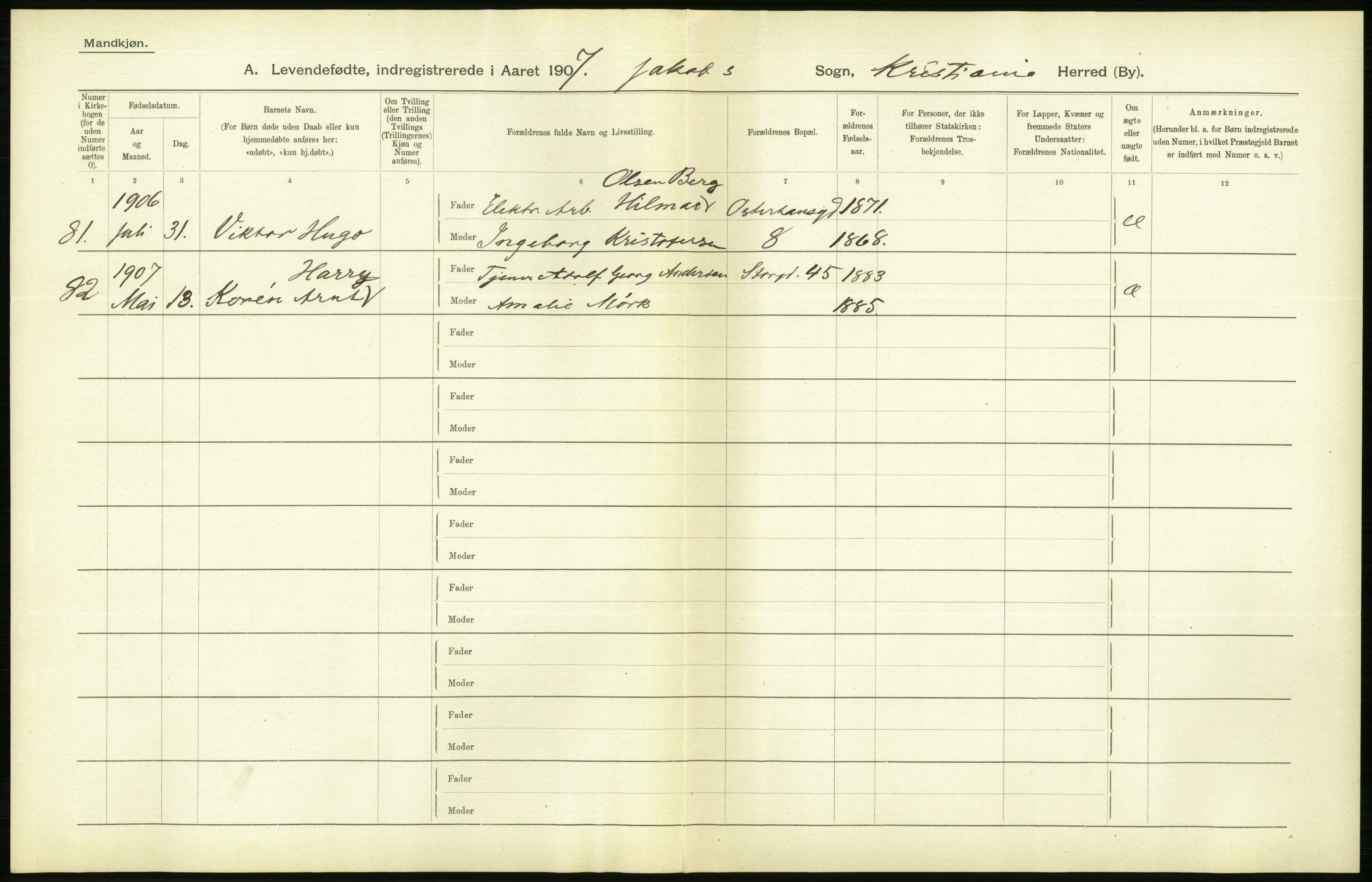 Statistisk sentralbyrå, Sosiodemografiske emner, Befolkning, AV/RA-S-2228/D/Df/Dfa/Dfae/L0007: Kristiania: Levendefødte menn og kvinner., 1907, p. 376