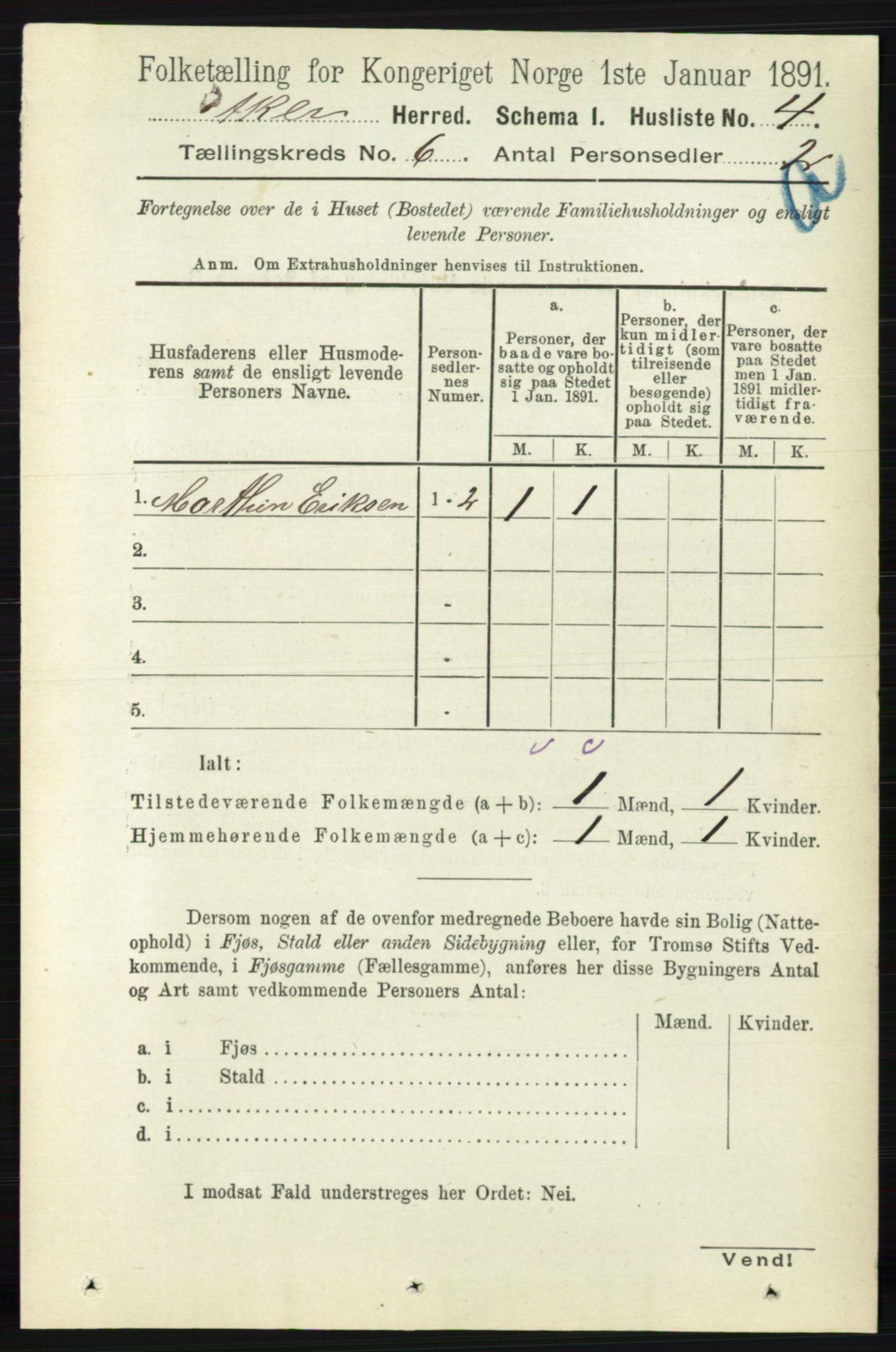 RA, 1891 census for 0218 Aker, 1891, p. 5412
