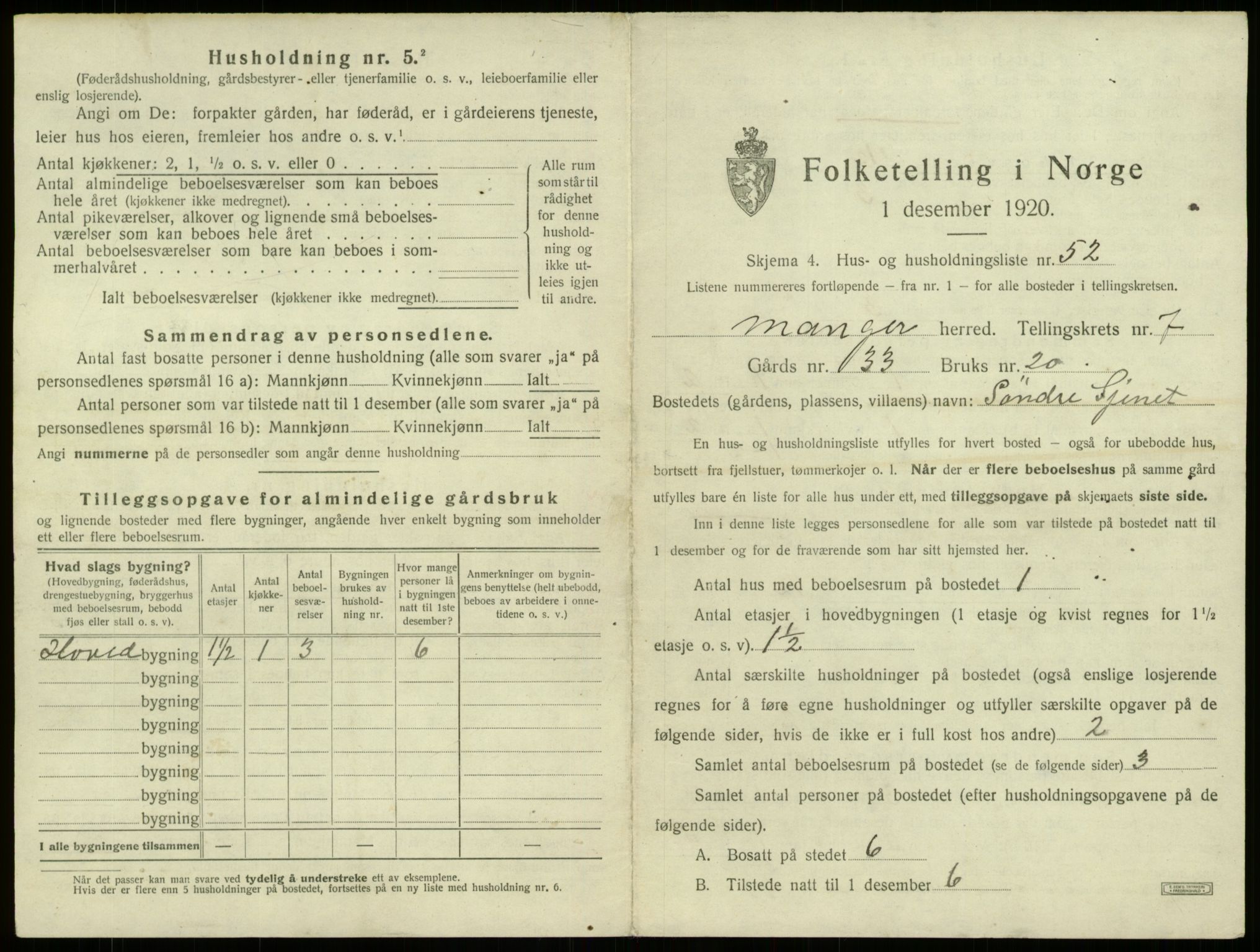 SAB, 1920 census for Manger, 1920, p. 620