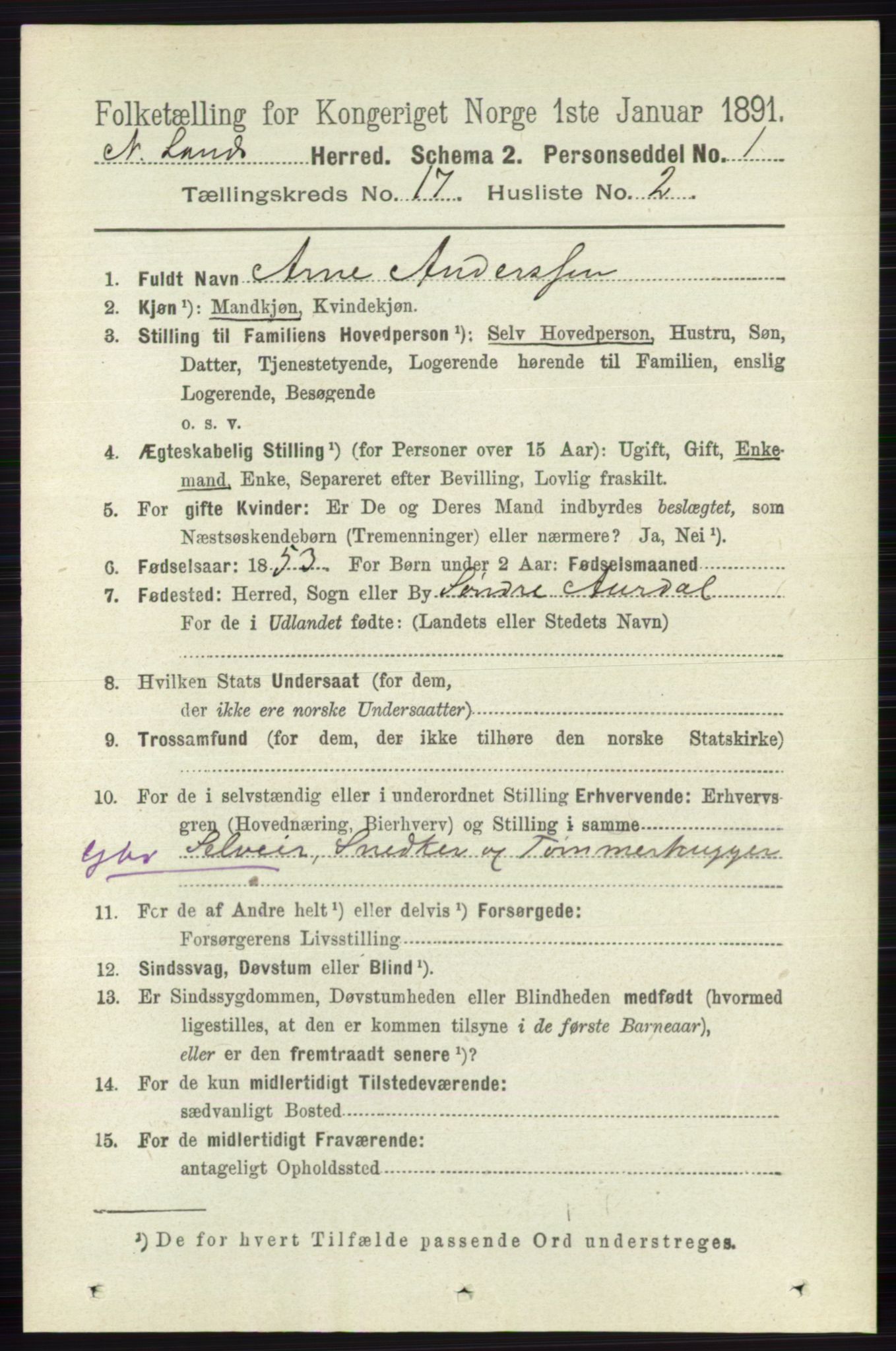 RA, 1891 census for 0538 Nordre Land, 1891, p. 4290