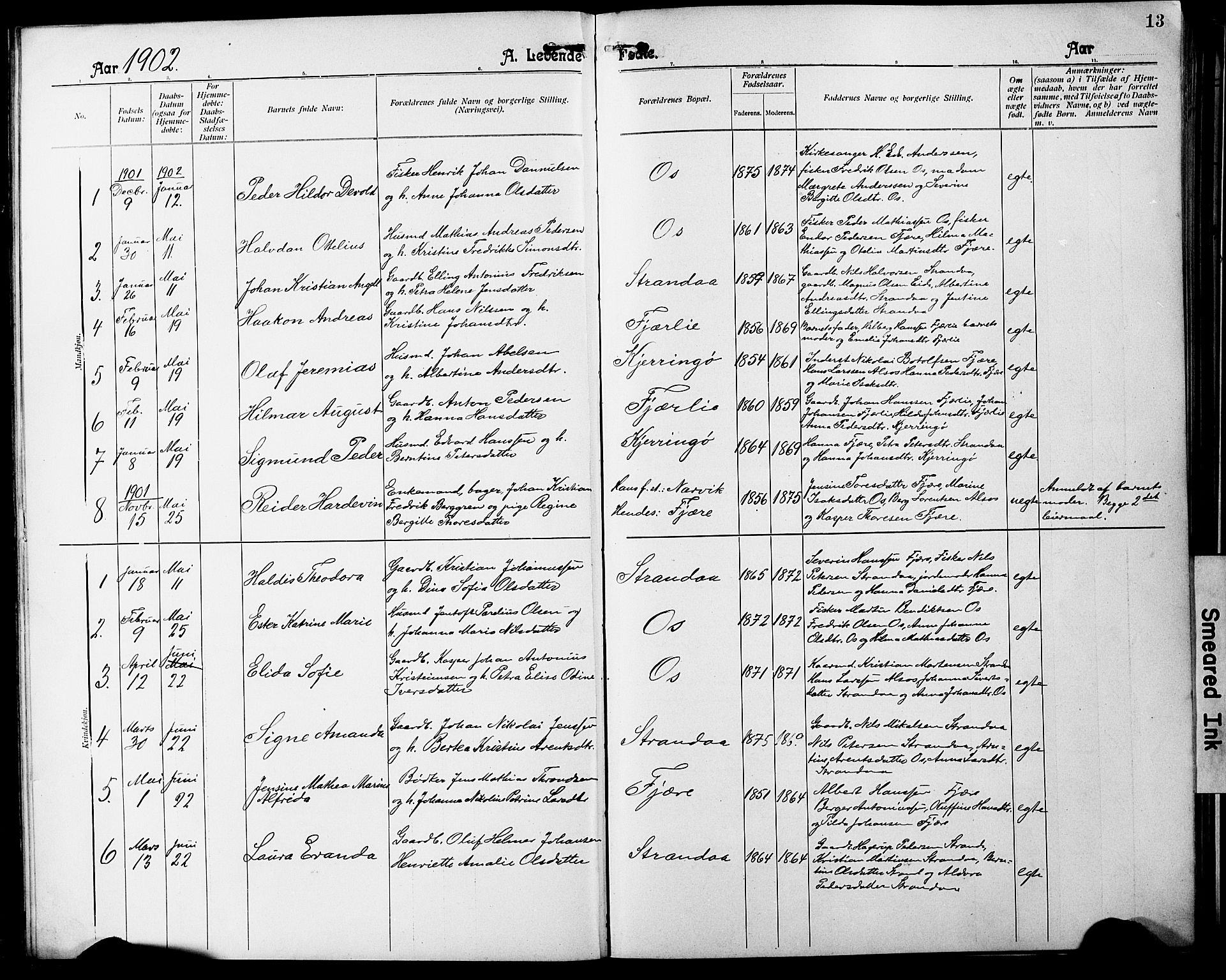 Ministerialprotokoller, klokkerbøker og fødselsregistre - Nordland, SAT/A-1459/803/L0077: Parish register (copy) no. 803C04, 1897-1930, p. 13