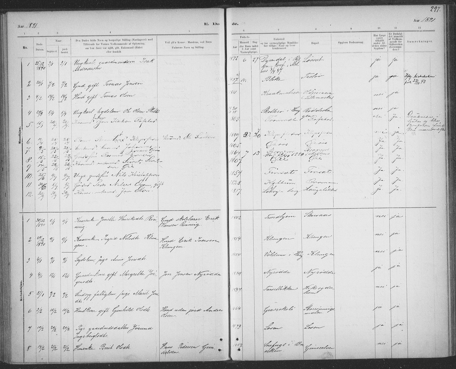 Ministerialprotokoller, klokkerbøker og fødselsregistre - Sør-Trøndelag, SAT/A-1456/691/L1085: Parish register (official) no. 691A17, 1887-1908, p. 297