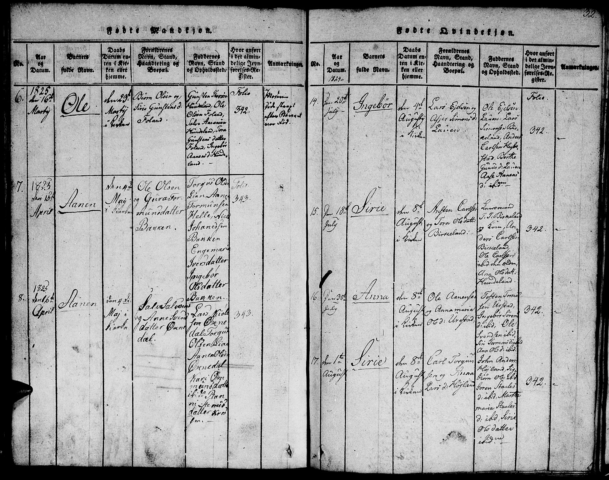 Hægebostad sokneprestkontor, AV/SAK-1111-0024/F/Fb/Fba/L0001: Parish register (copy) no. B 1, 1815-1844, p. 32