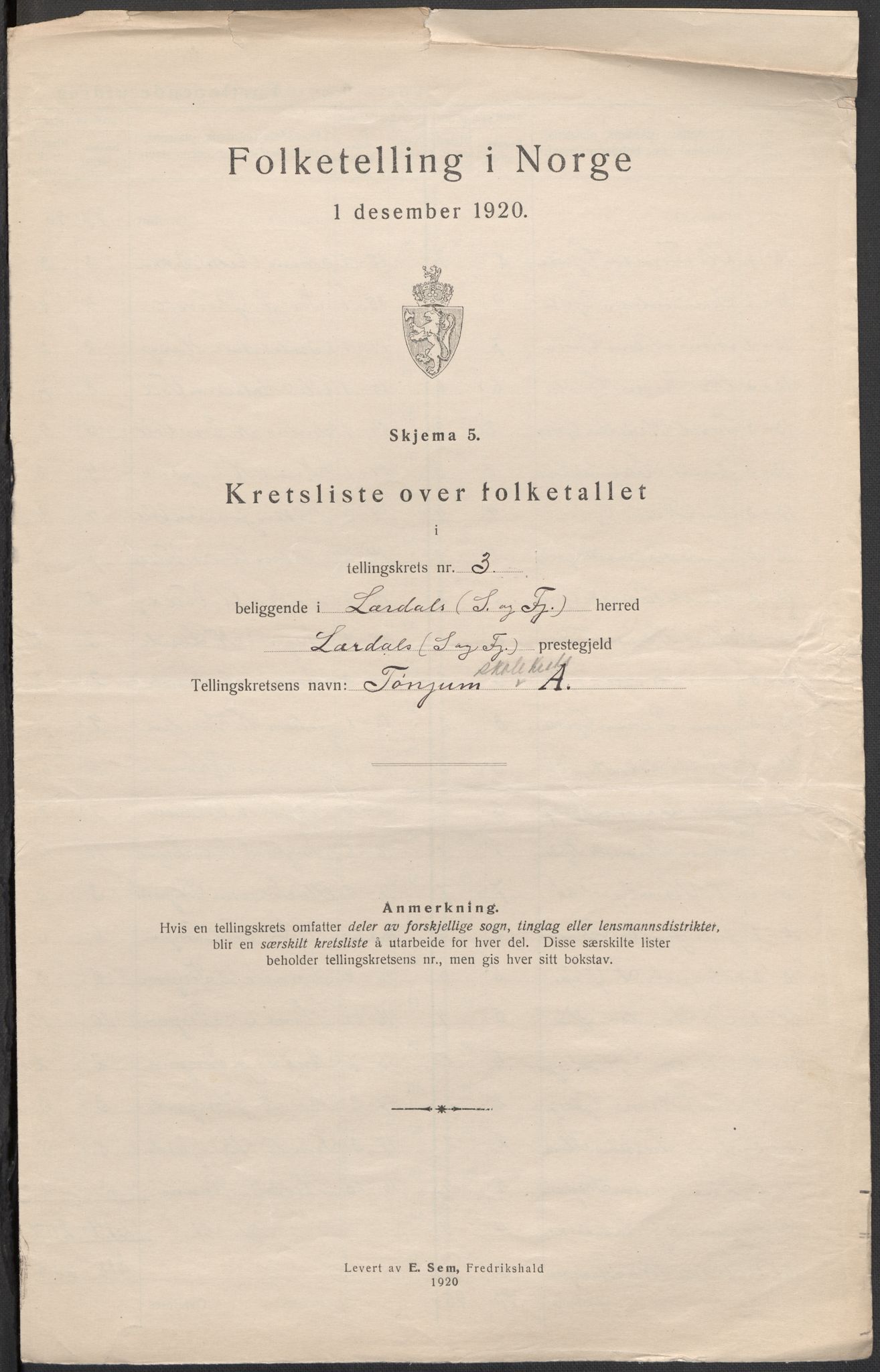 SAB, 1920 census for Lærdal, 1920, p. 11