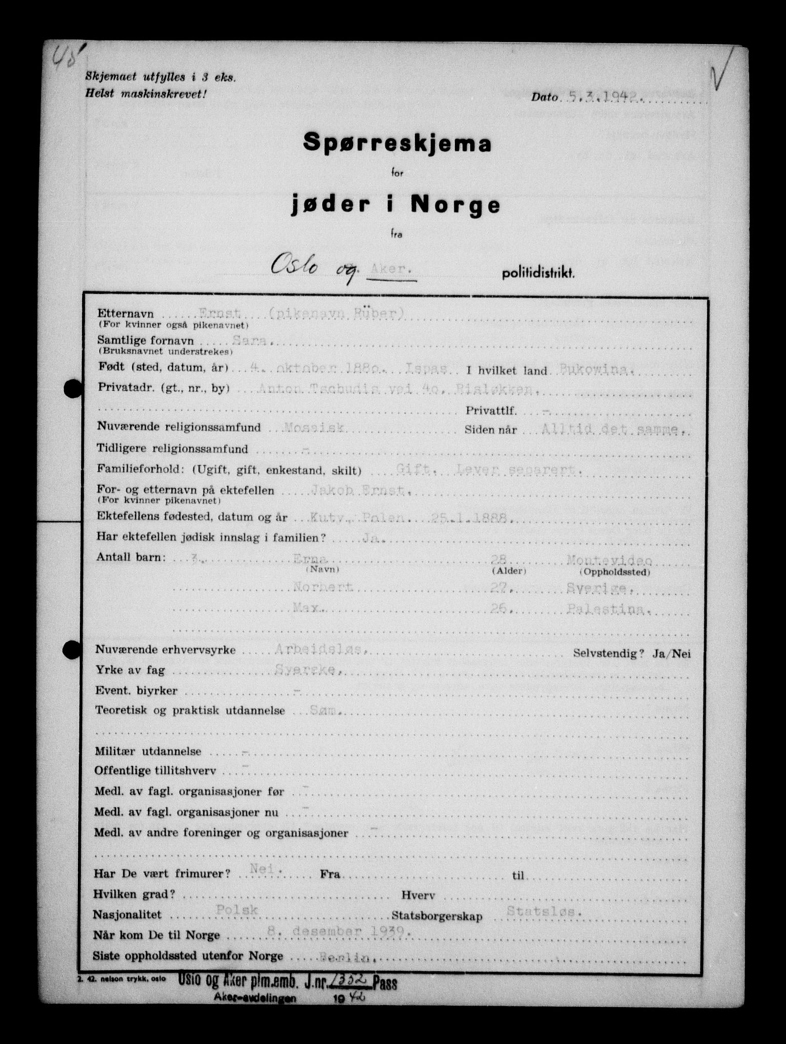 Statspolitiet - Hovedkontoret / Osloavdelingen, AV/RA-S-1329/G/Ga/L0011: Spørreskjema for jøder i Norge. 1: Oslo 610-806 (Plavnik-Zwillinger). 2: Aker 1-113 (Adler-Lewin). , 1942, p. 720