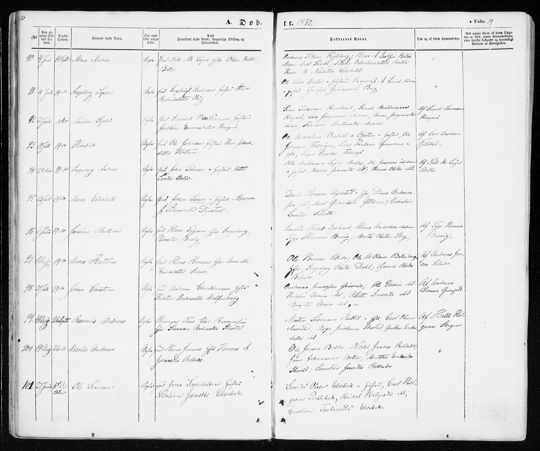 Ibestad sokneprestembete, SATØ/S-0077/H/Ha/Haa/L0008kirke: Parish register (official) no. 8, 1850-1859, p. 19