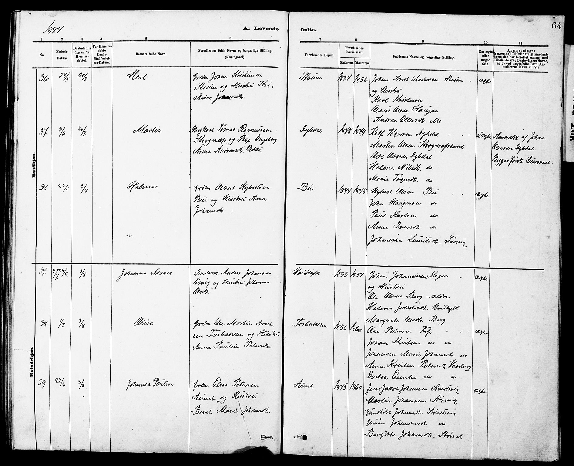 Ministerialprotokoller, klokkerbøker og fødselsregistre - Sør-Trøndelag, AV/SAT-A-1456/647/L0636: Parish register (copy) no. 647C01, 1881-1884, p. 64