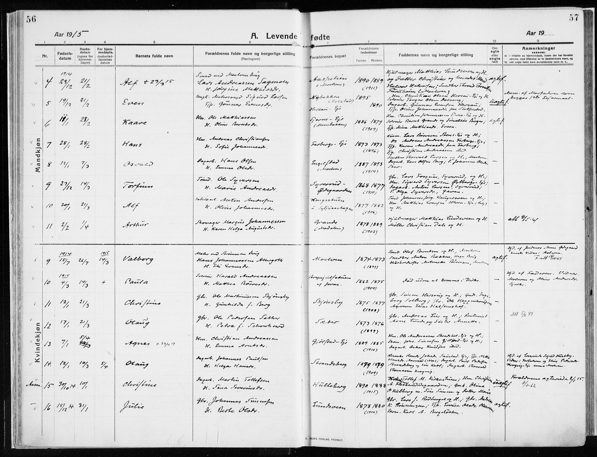 Ringsaker prestekontor, AV/SAH-PREST-014/K/Ka/L0020: Parish register (official) no. 20, 1913-1922, p. 56-57