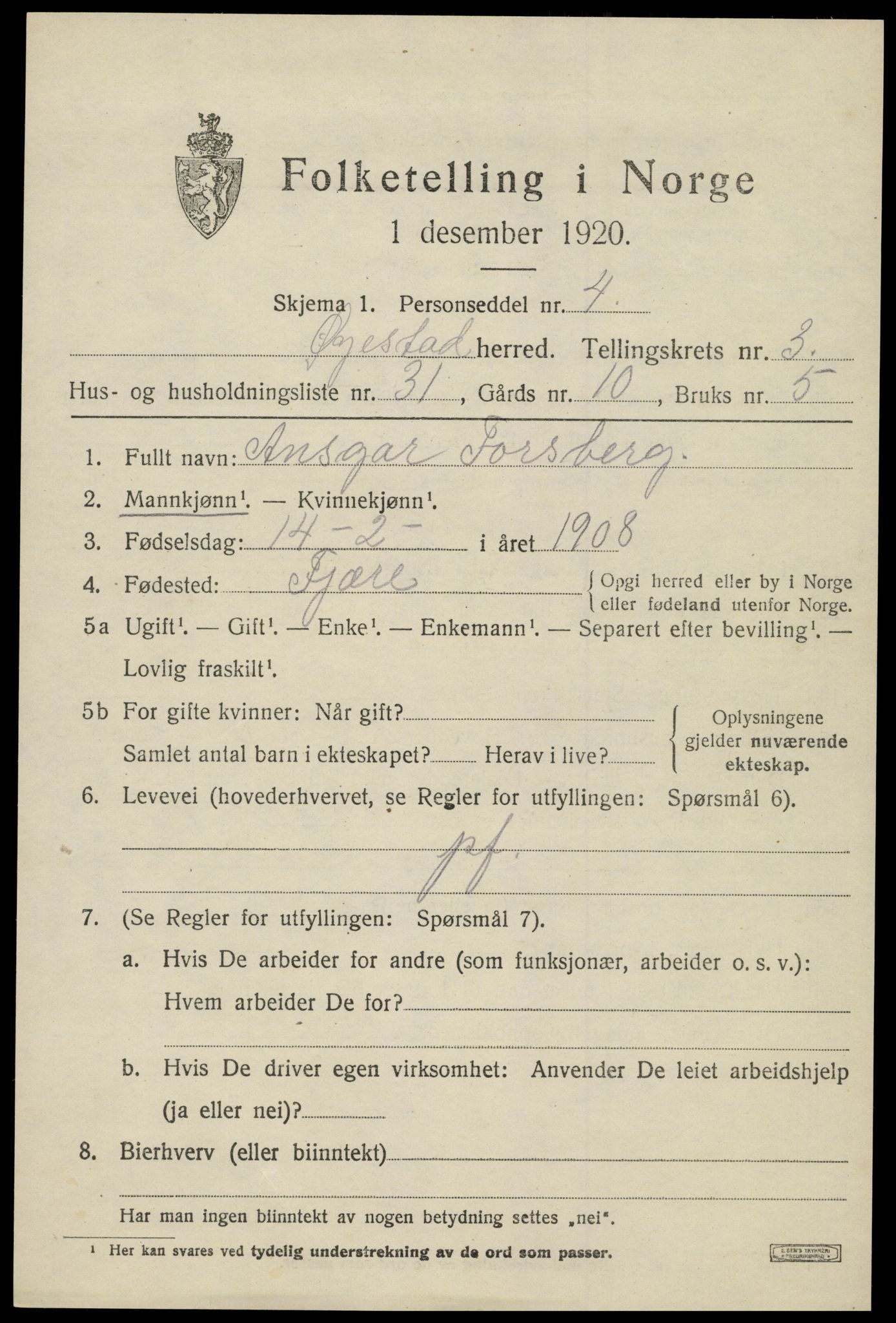 SAK, 1920 census for Øyestad, 1920, p. 3012