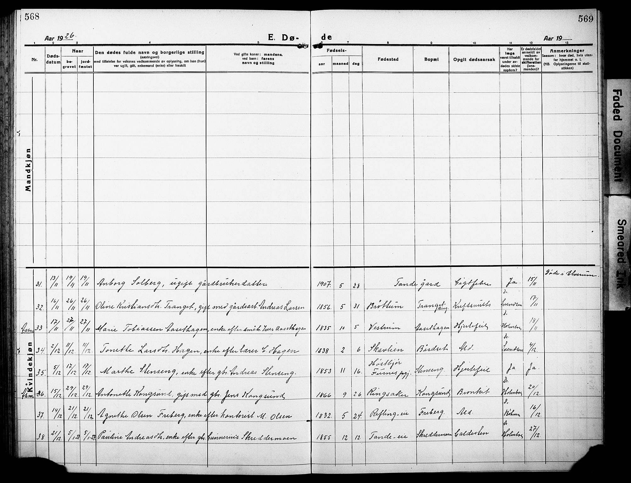 Ringsaker prestekontor, AV/SAH-PREST-014/L/La/L0019: Parish register (copy) no. 19, 1923-1933, p. 568-569