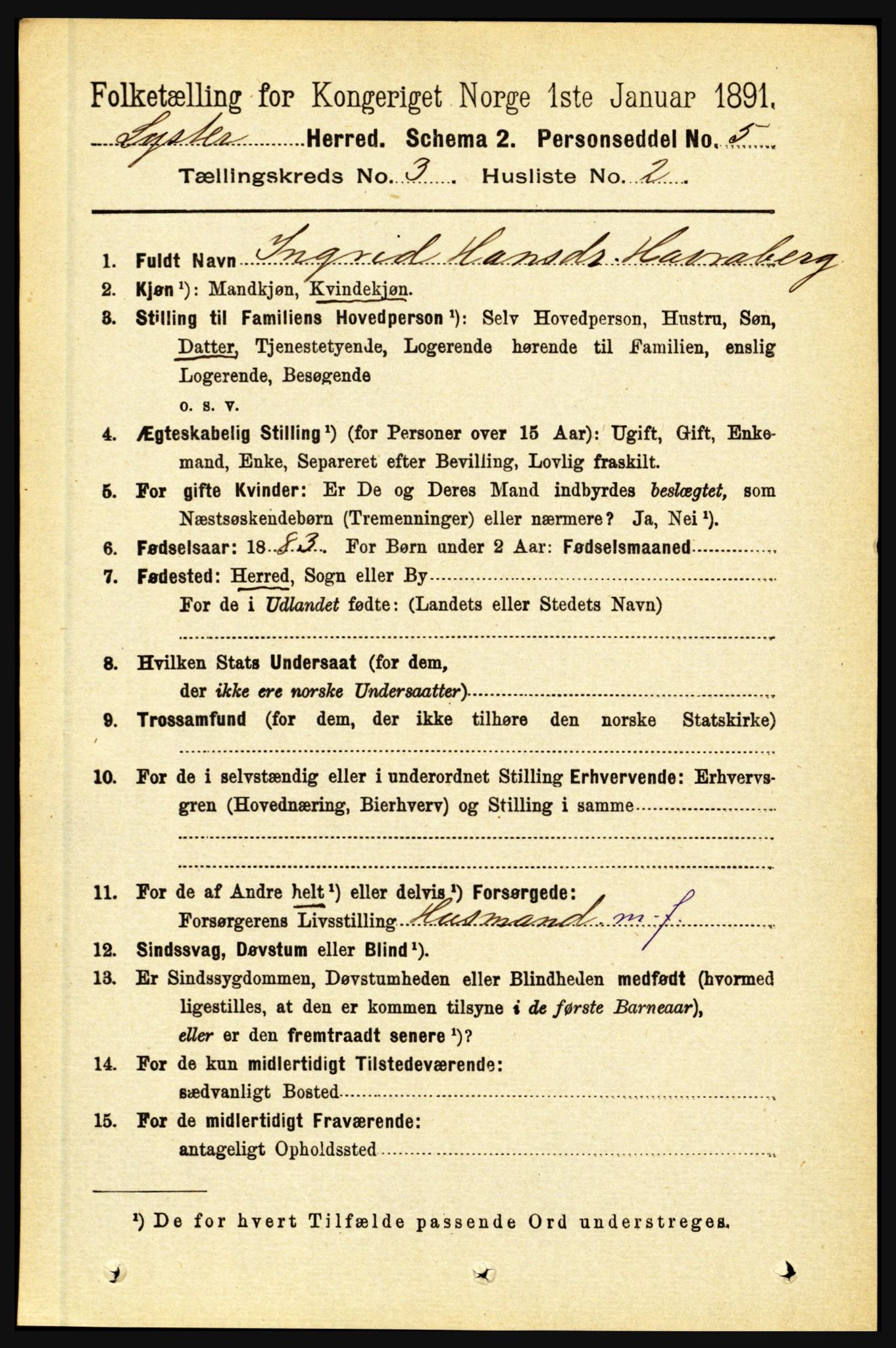 RA, 1891 census for 1426 Luster, 1891, p. 1160