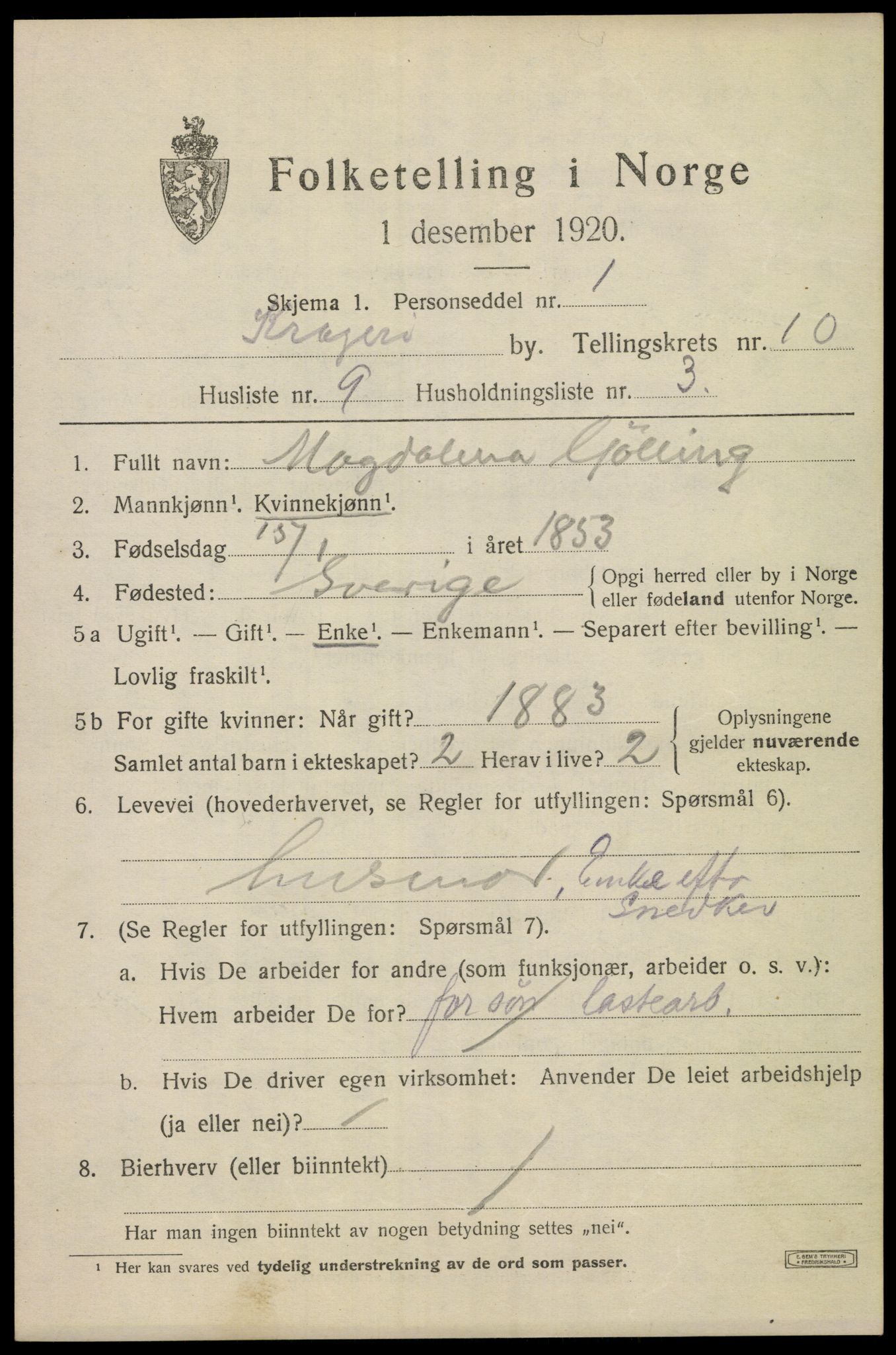 SAKO, 1920 census for Kragerø, 1920, p. 13111