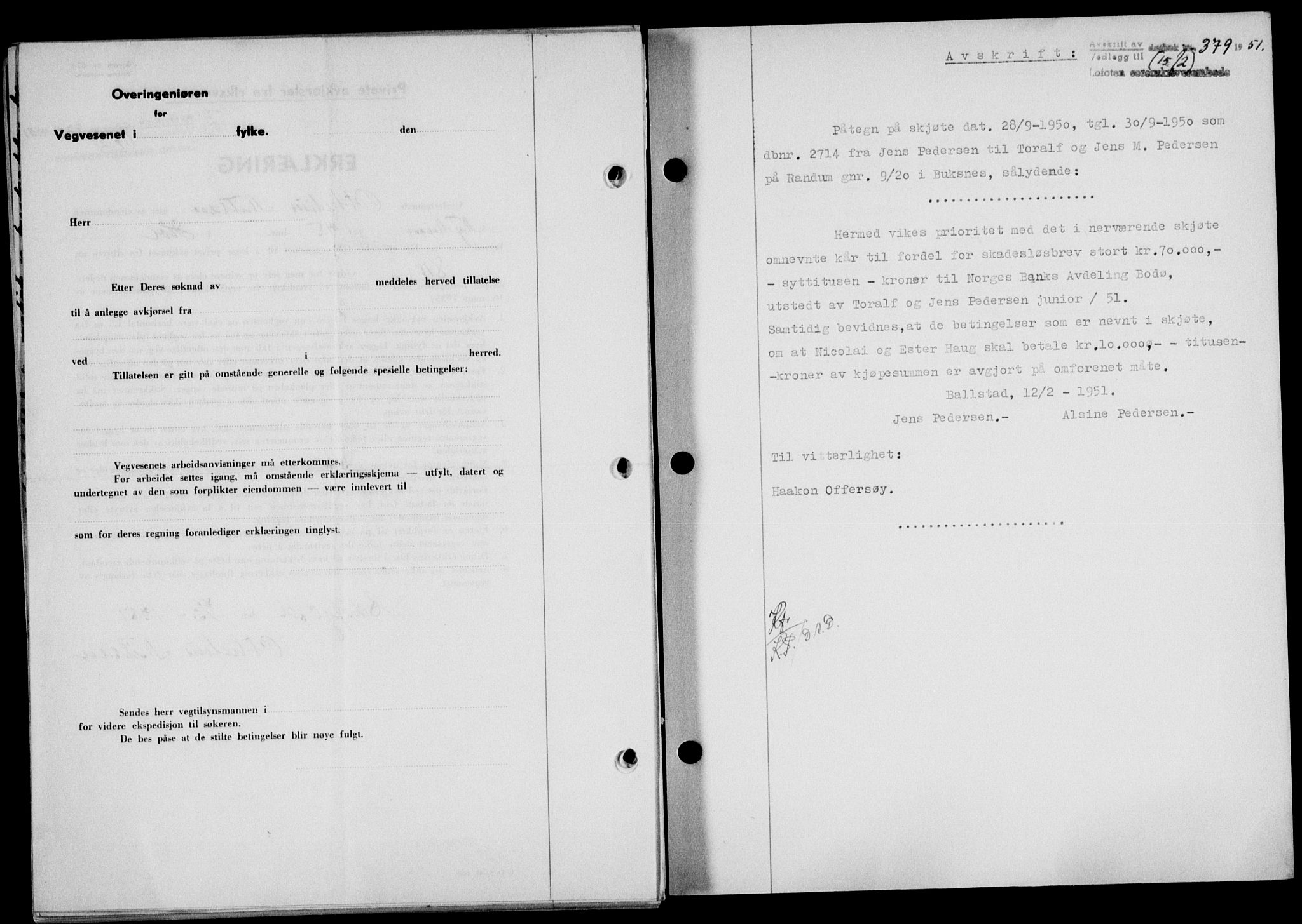 Lofoten sorenskriveri, SAT/A-0017/1/2/2C/L0025a: Mortgage book no. 25a, 1950-1951, Diary no: : 379/1951