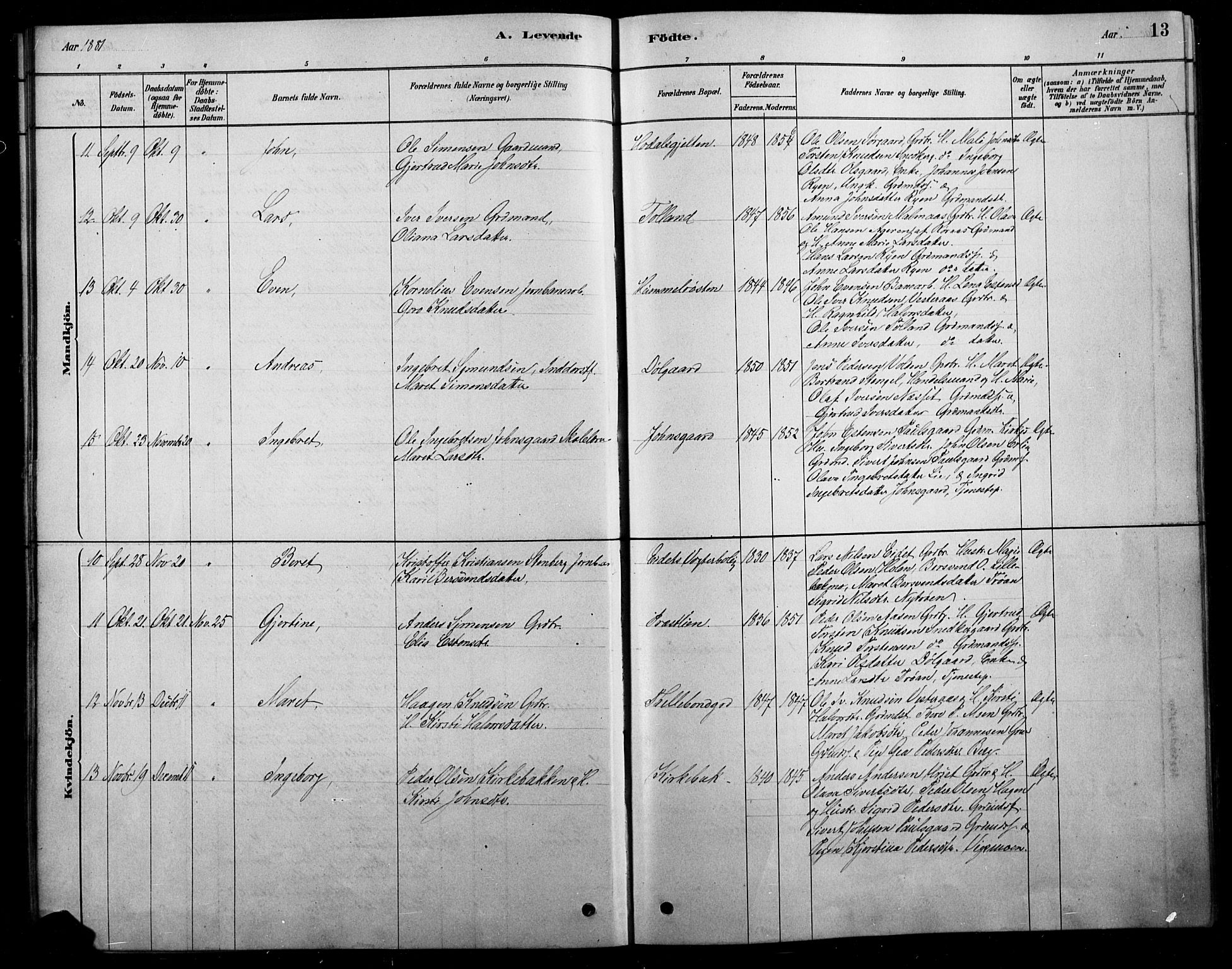 Tolga prestekontor, SAH/PREST-062/L/L0007: Parish register (copy) no. 7, 1878-1919, p. 13