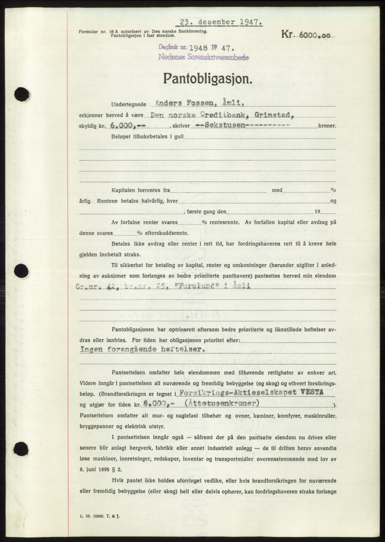 Nedenes sorenskriveri, AV/SAK-1221-0006/G/Gb/Gbb/L0004: Mortgage book no. B4, 1947-1947, Diary no: : 1948/1947