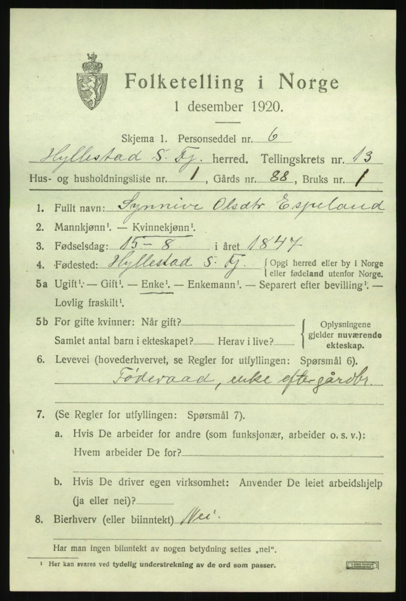 SAB, 1920 census for Hyllestad, 1920, p. 4850