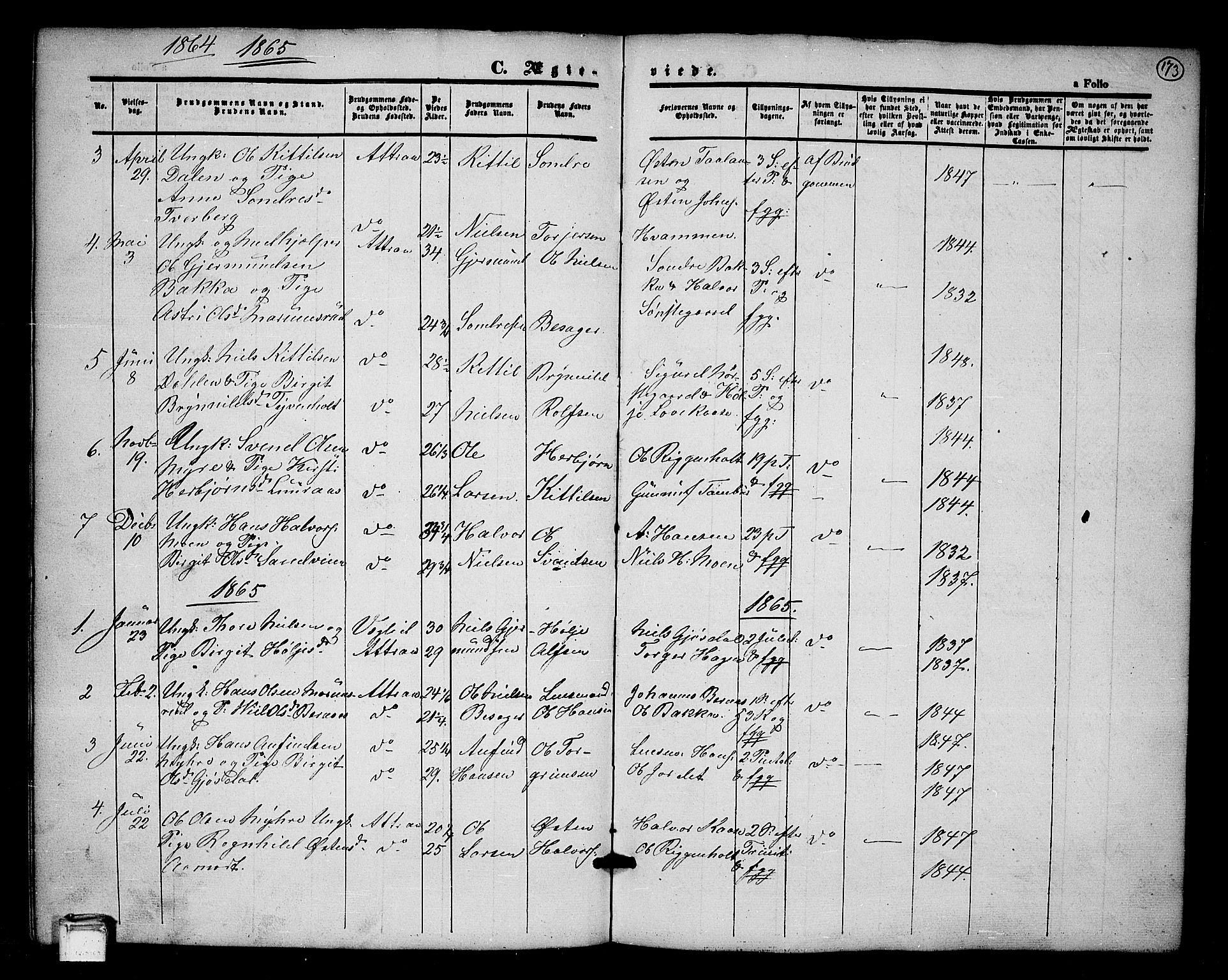 Tinn kirkebøker, SAKO/A-308/G/Ga/L0002: Parish register (copy) no. I 2, 1851-1883, p. 173