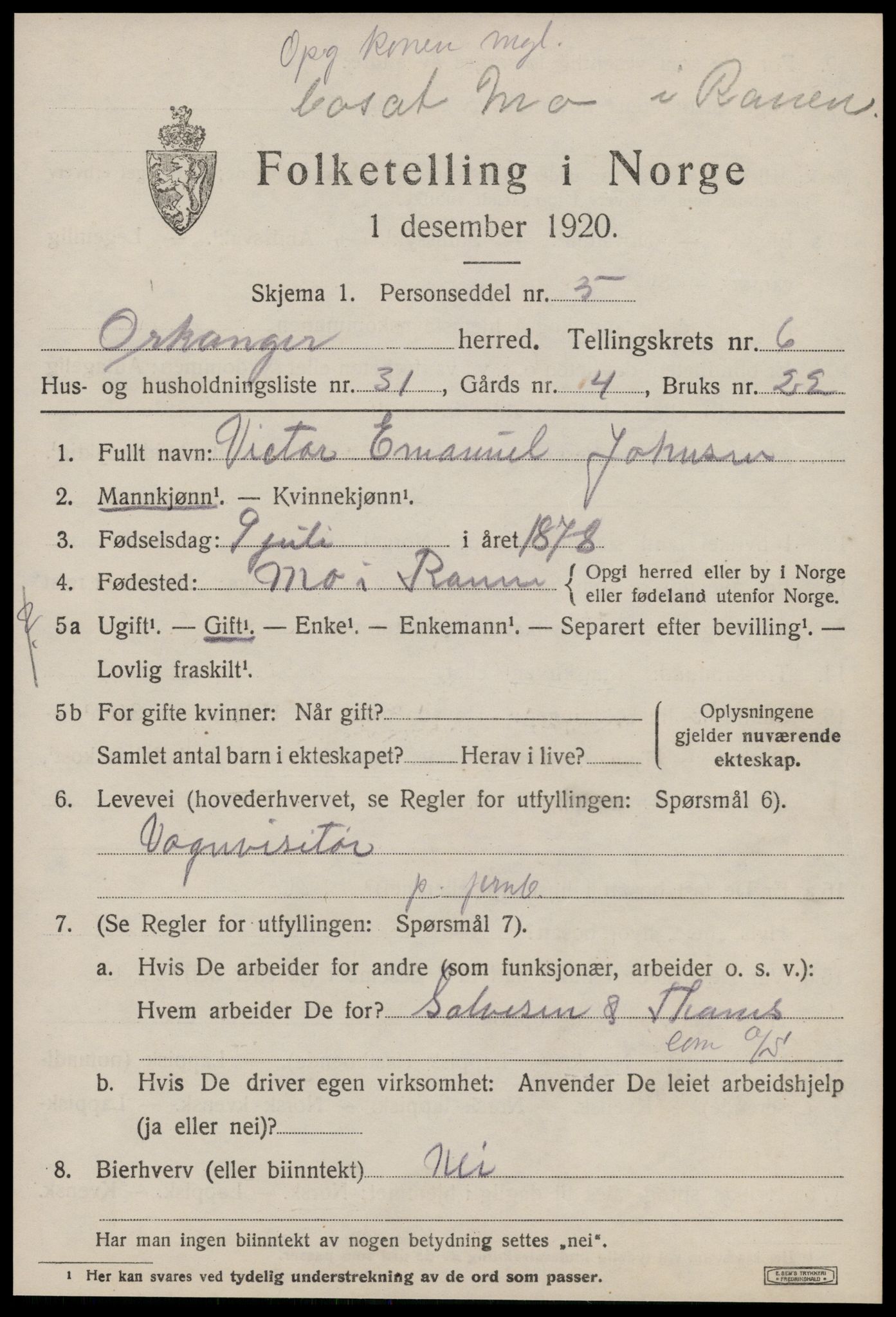 SAT, 1920 census for Orkanger, 1920, p. 3473