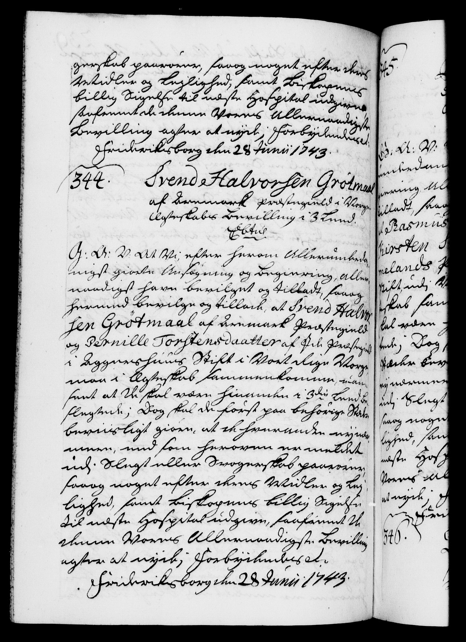 Danske Kanselli 1572-1799, AV/RA-EA-3023/F/Fc/Fca/Fcaa/L0033: Norske registre, 1743-1744, p. 239b