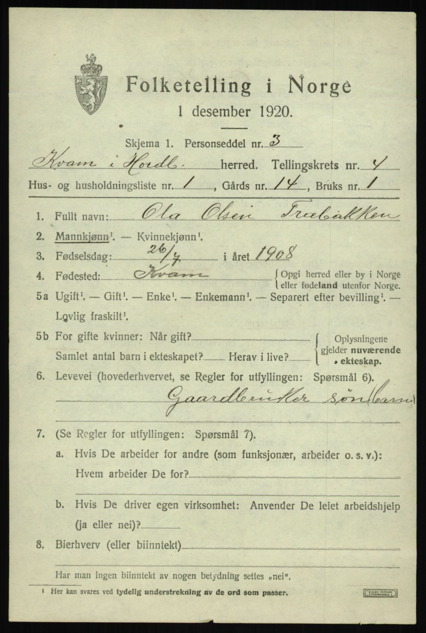 SAB, 1920 census for Kvam, 1920, p. 3241