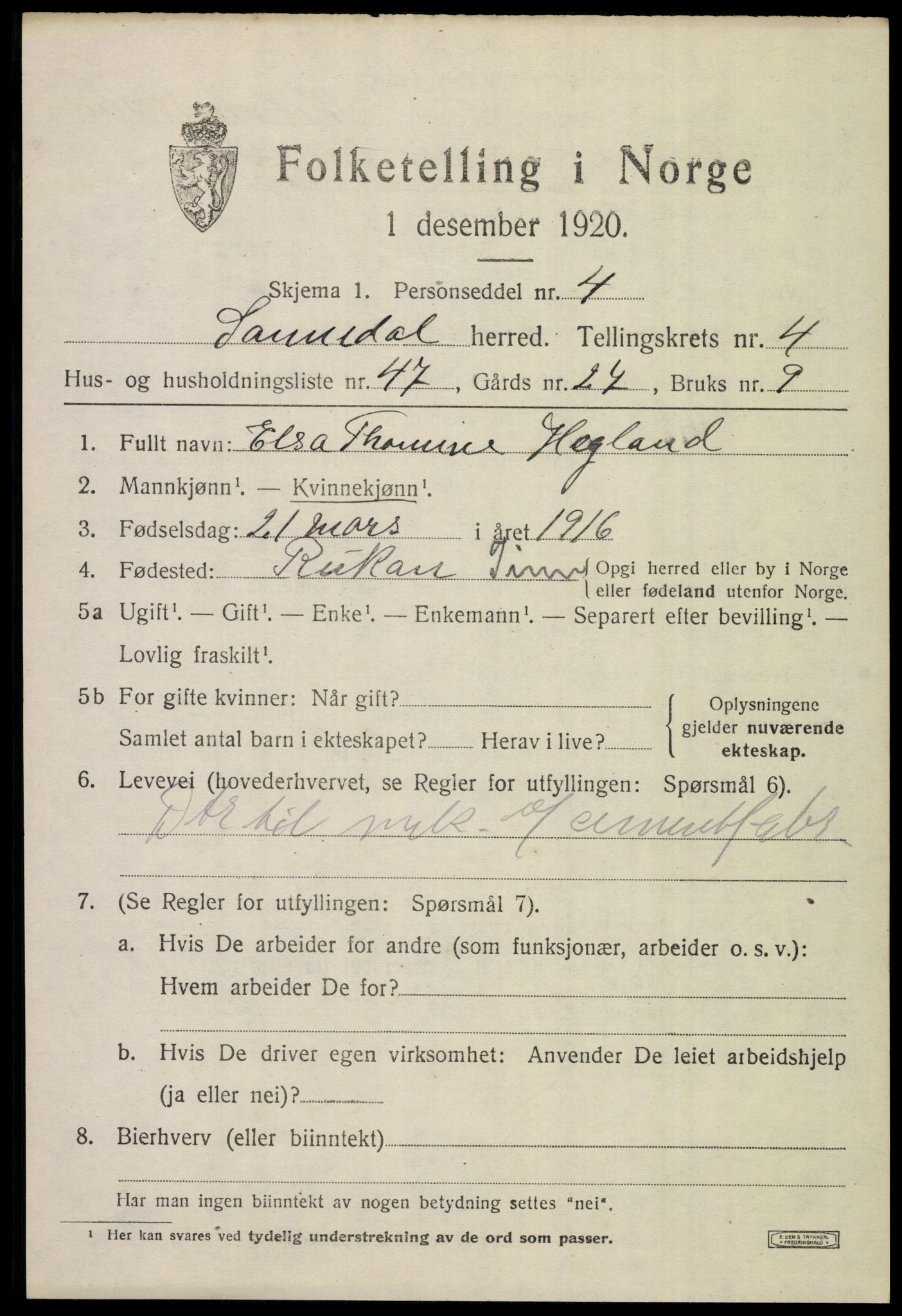 SAKO, 1920 census for Sannidal, 1920, p. 4053