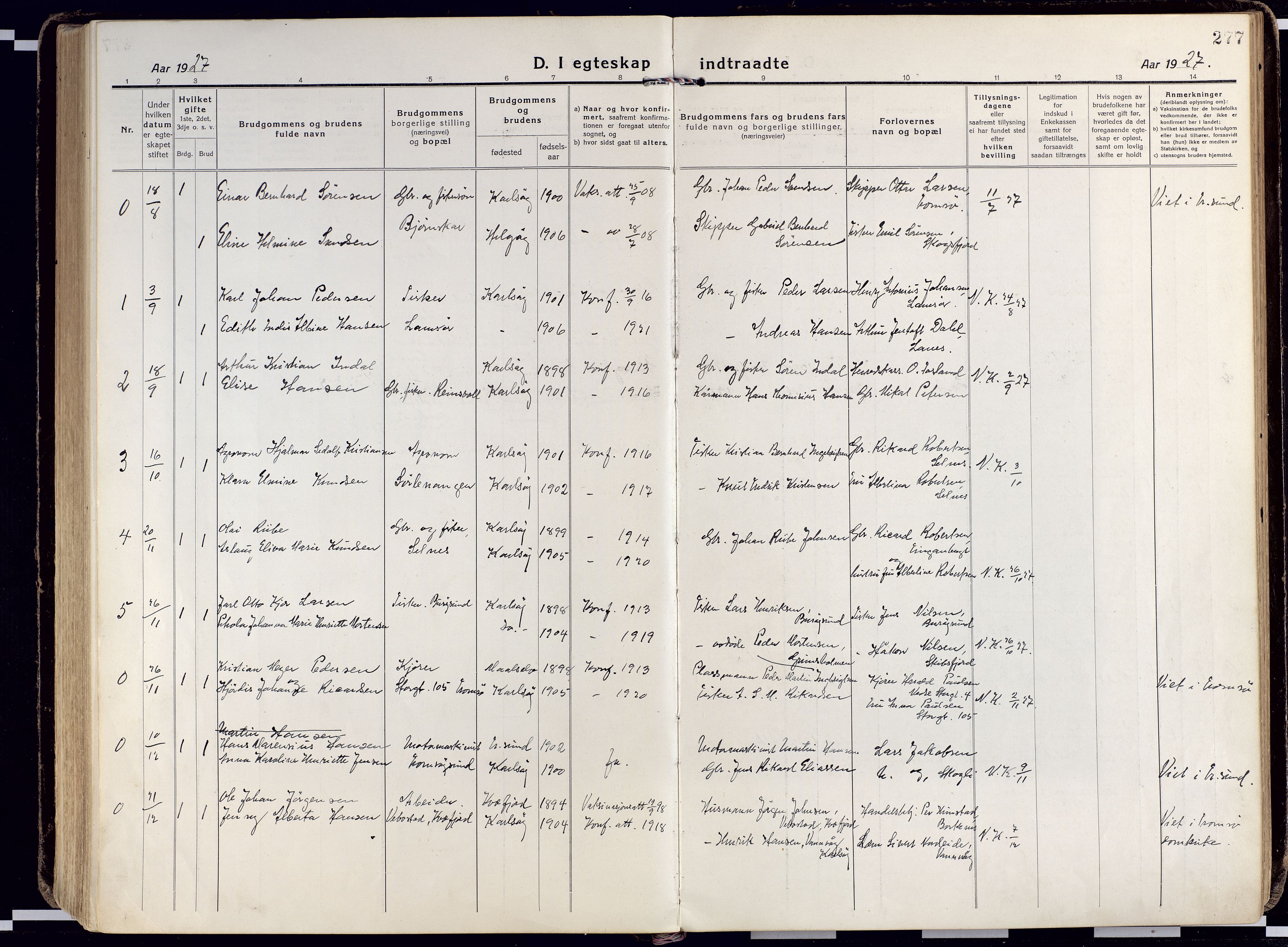 Karlsøy sokneprestembete, SATØ/S-1299/H/Ha/Haa/L0015kirke: Parish register (official) no. 15, 1918-1929, p. 277