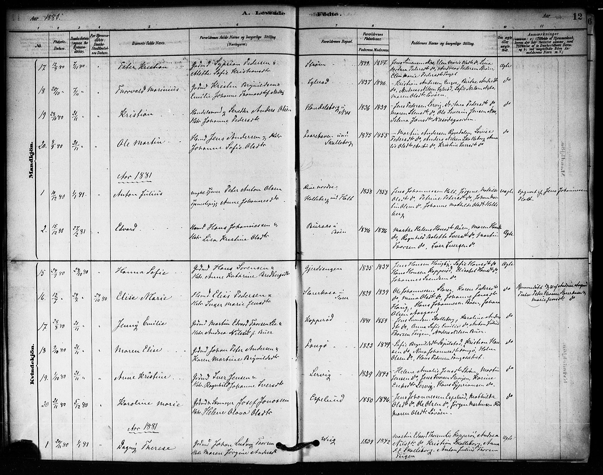 Aremark prestekontor Kirkebøker, SAO/A-10899/F/Fa/L0005: Parish register (official) no. I 5, 1878-1897, p. 12