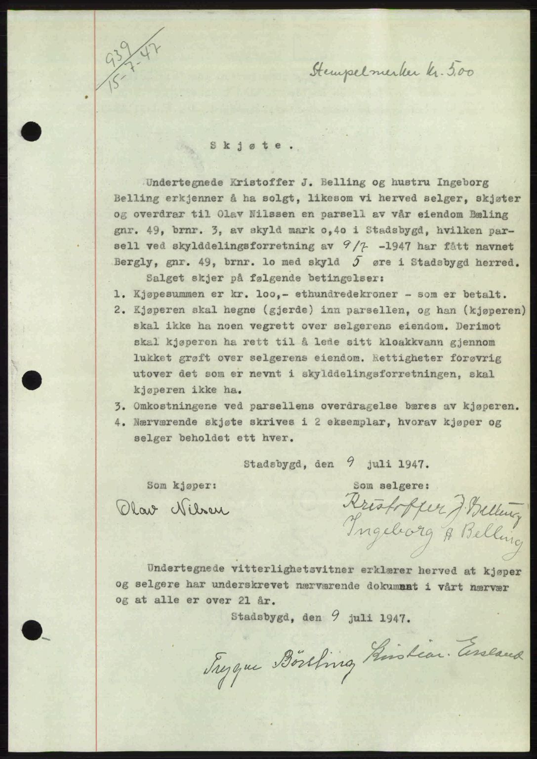 Fosen sorenskriveri, AV/SAT-A-1107/1/2/2C: Mortgage book no. A4-6, 1946-1947, Diary no: : 939/1947