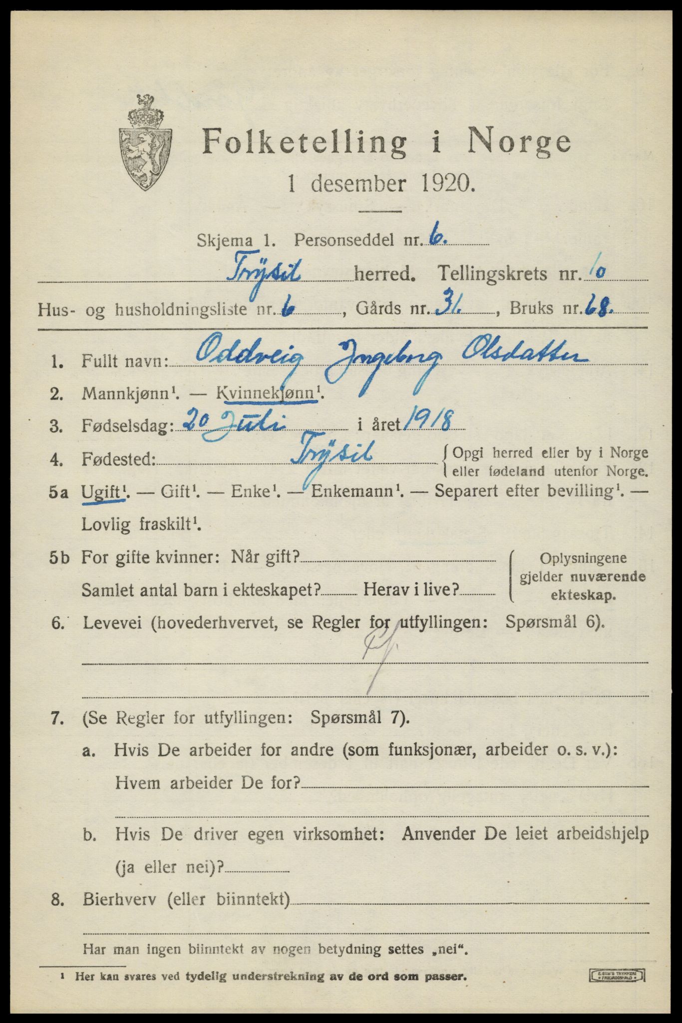 SAH, 1920 census for Trysil, 1920, p. 6931