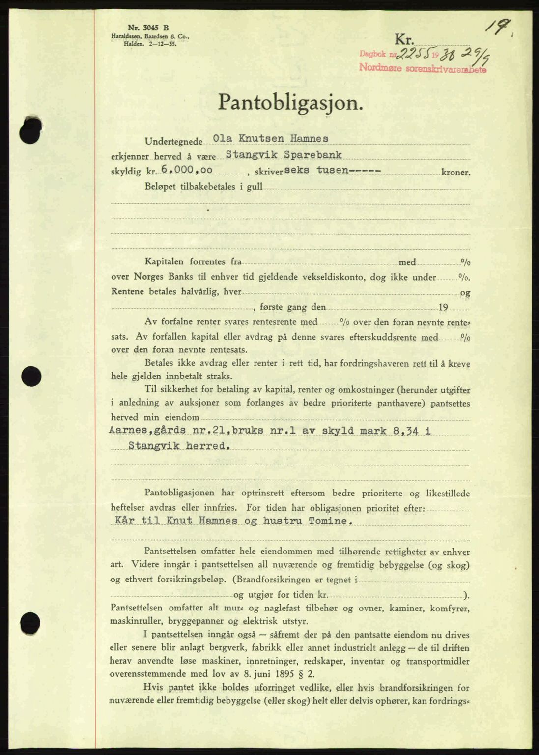 Nordmøre sorenskriveri, AV/SAT-A-4132/1/2/2Ca: Mortgage book no. B84, 1938-1939, Diary no: : 2255/1938