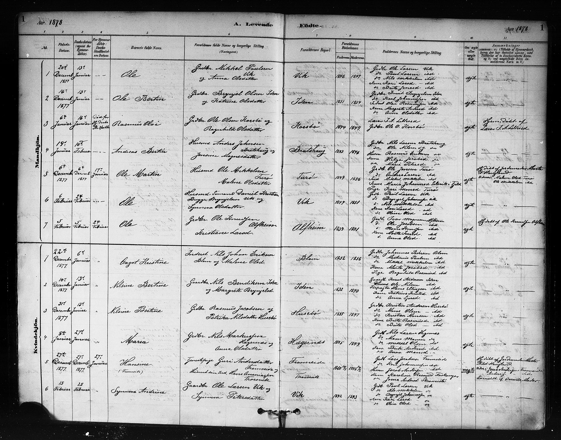 Herdla Sokneprestembete, SAB/A-75701/H/Haa: Parish register (official) no. A 3, 1878-1890, p. 1