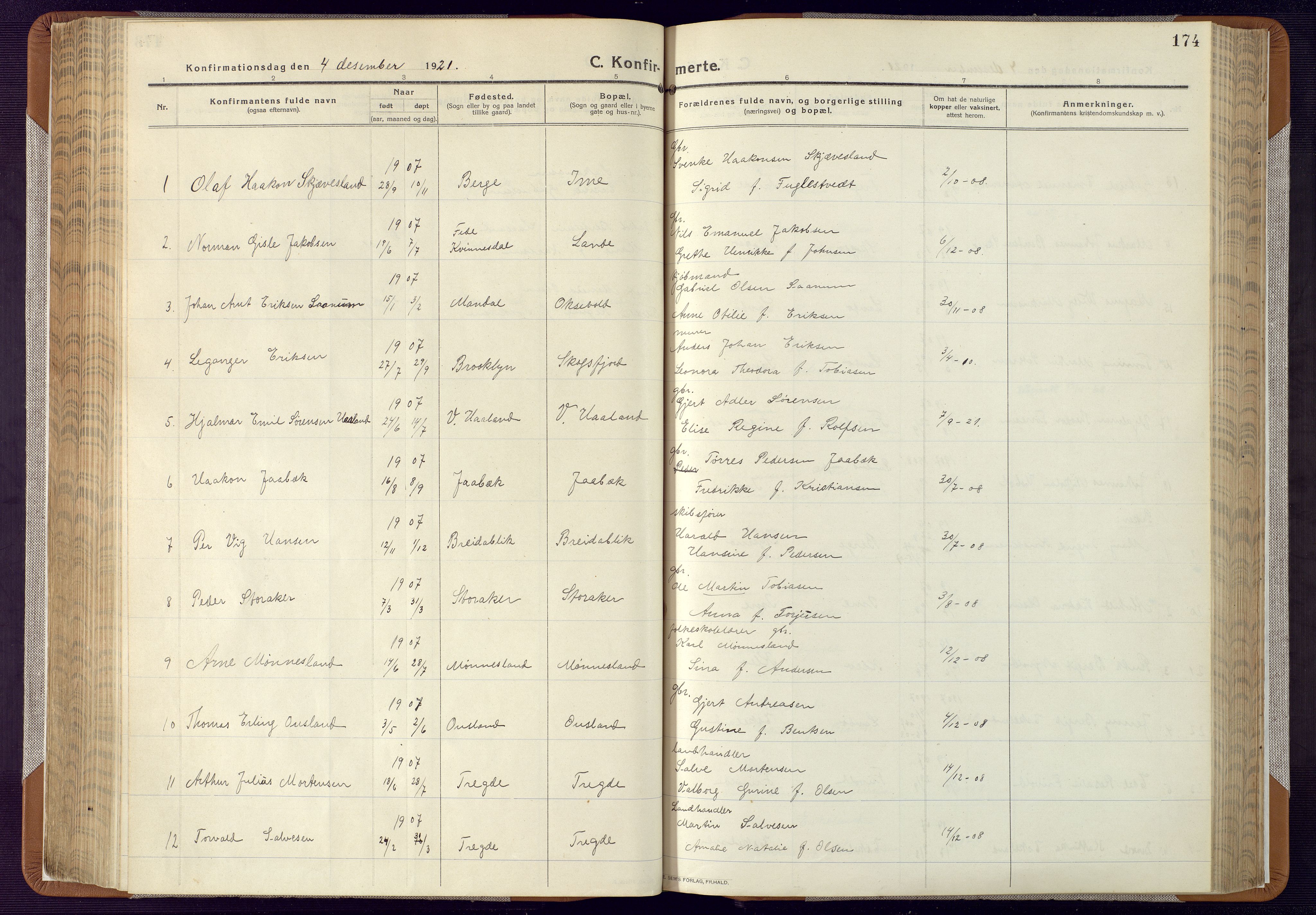 Mandal sokneprestkontor, AV/SAK-1111-0030/F/Fa/Faa/L0022: Parish register (official) no. A 22, 1913-1925, p. 174