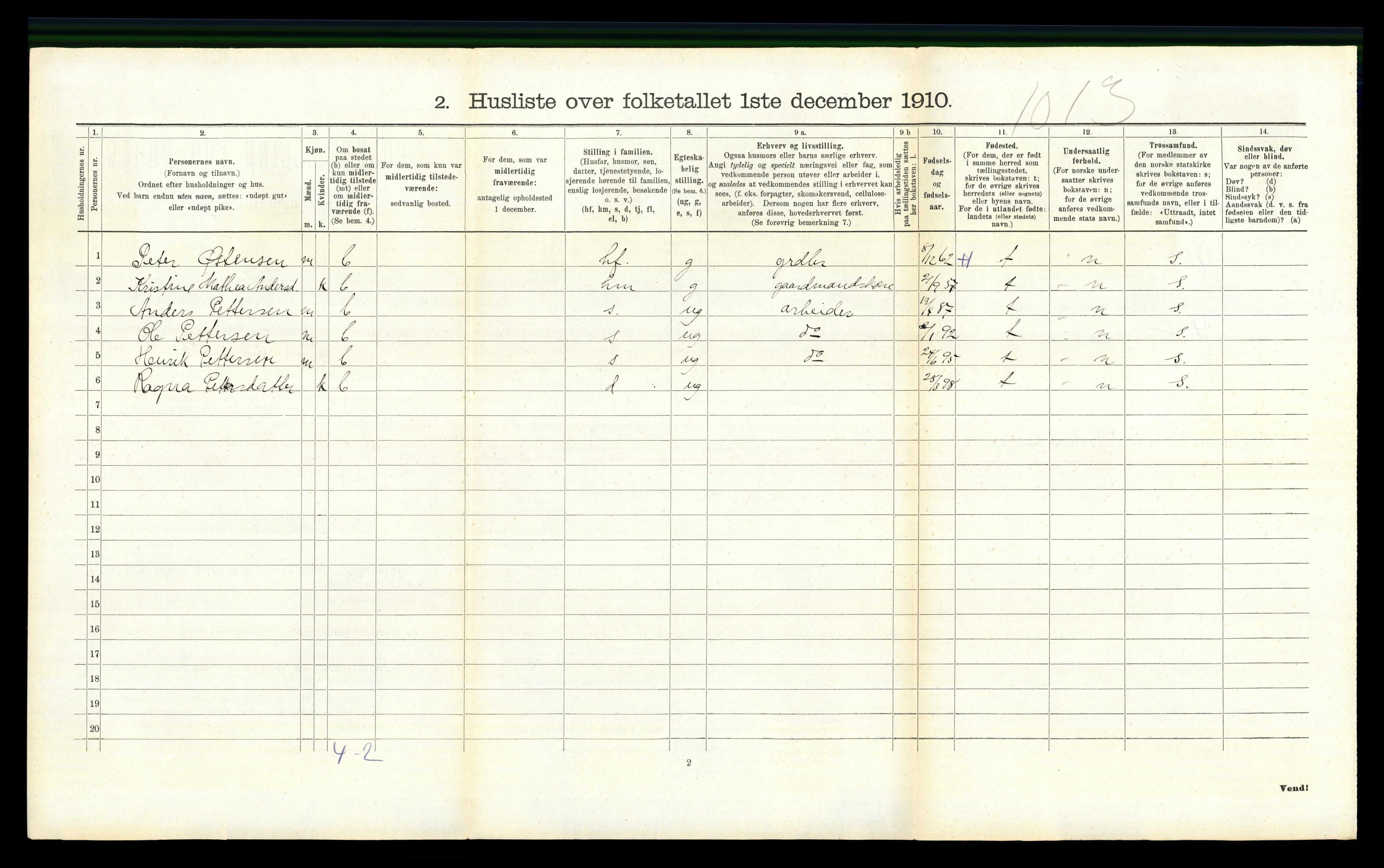 RA, 1910 census for Nordre Land, 1910, p. 444