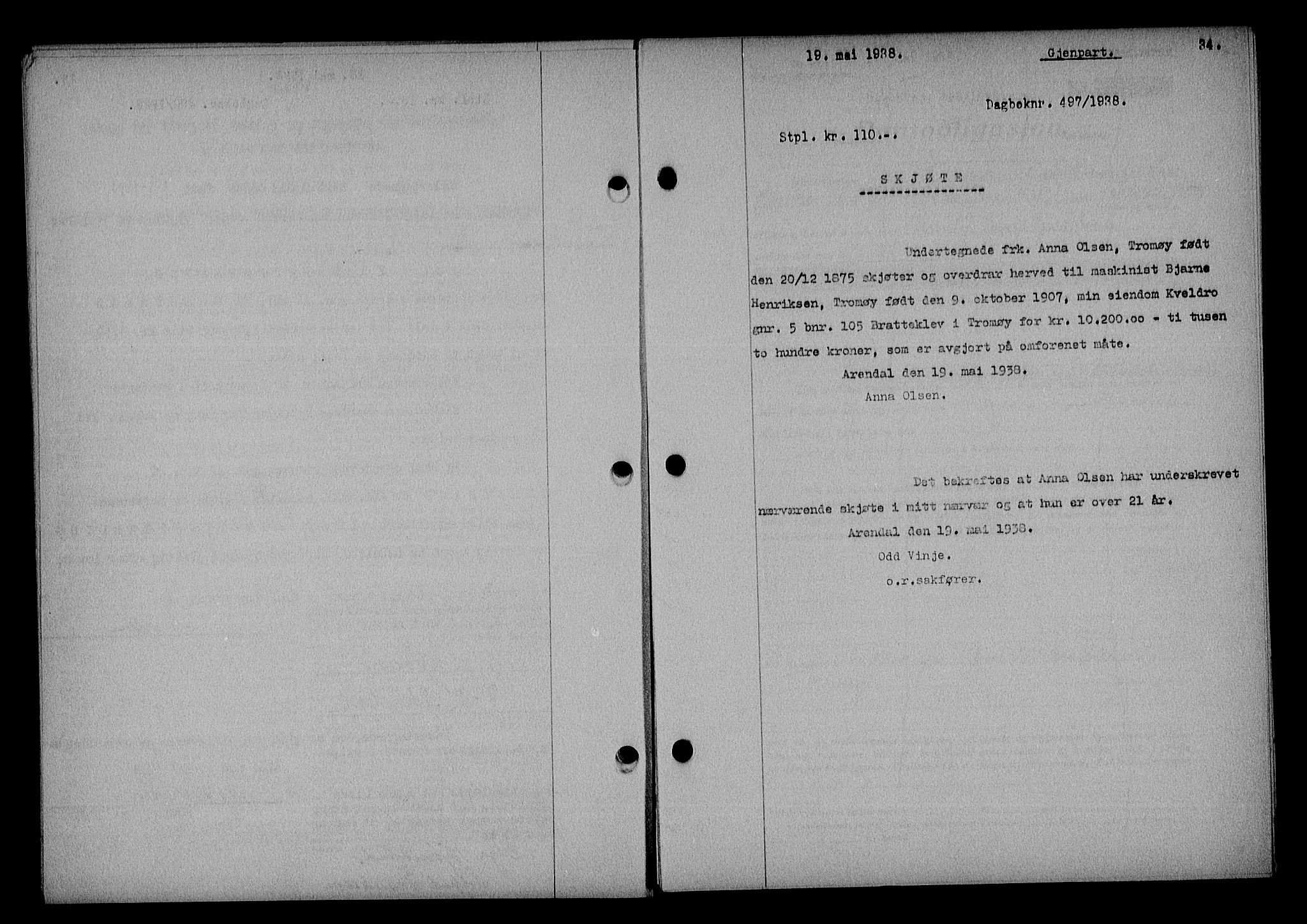 Nedenes sorenskriveri, SAK/1221-0006/G/Gb/Gba/L0045: Mortgage book no. 41, 1938-1938, Diary no: : 497/1938