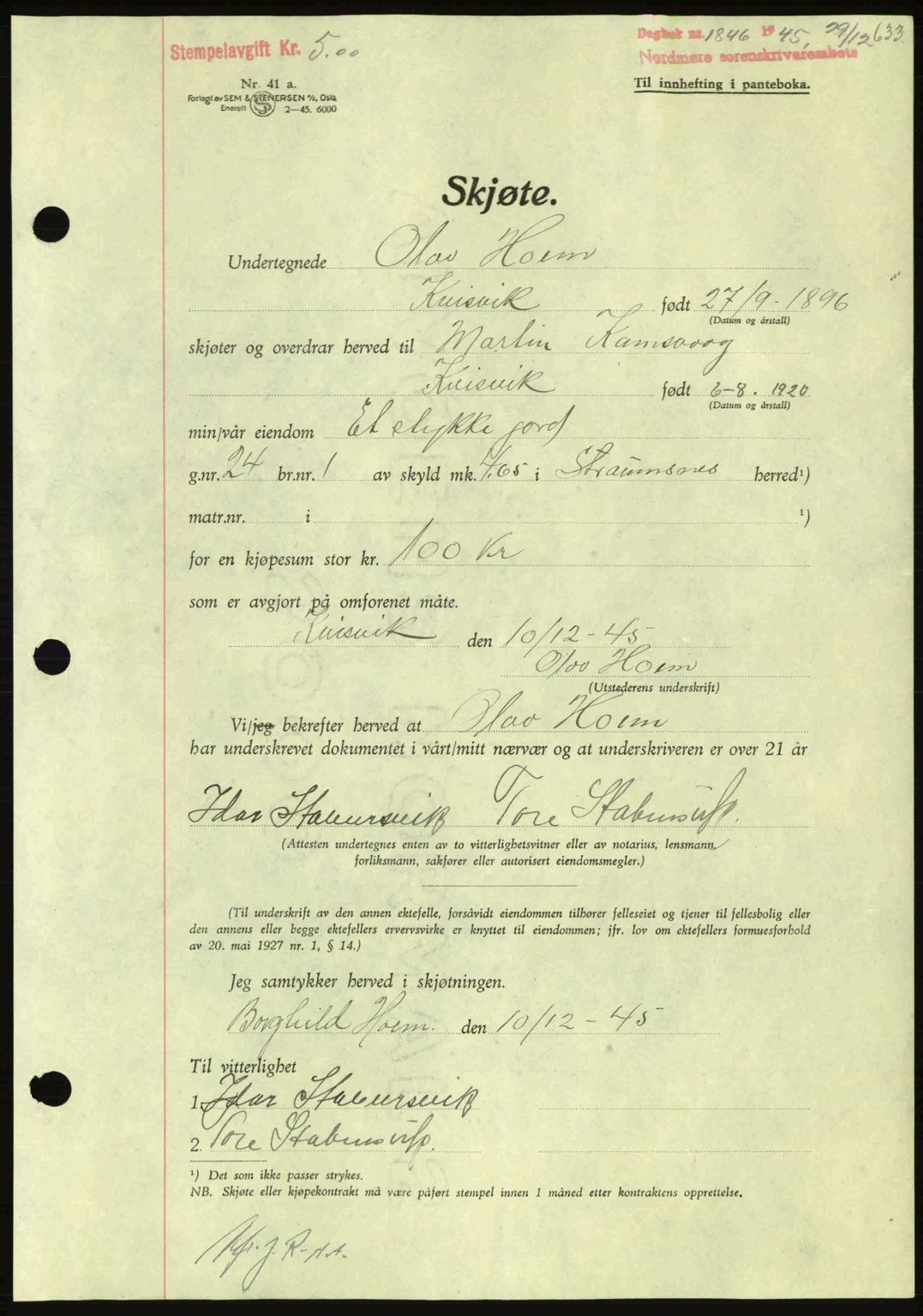 Nordmøre sorenskriveri, AV/SAT-A-4132/1/2/2Ca: Mortgage book no. A100a, 1945-1945, Diary no: : 1846/1945