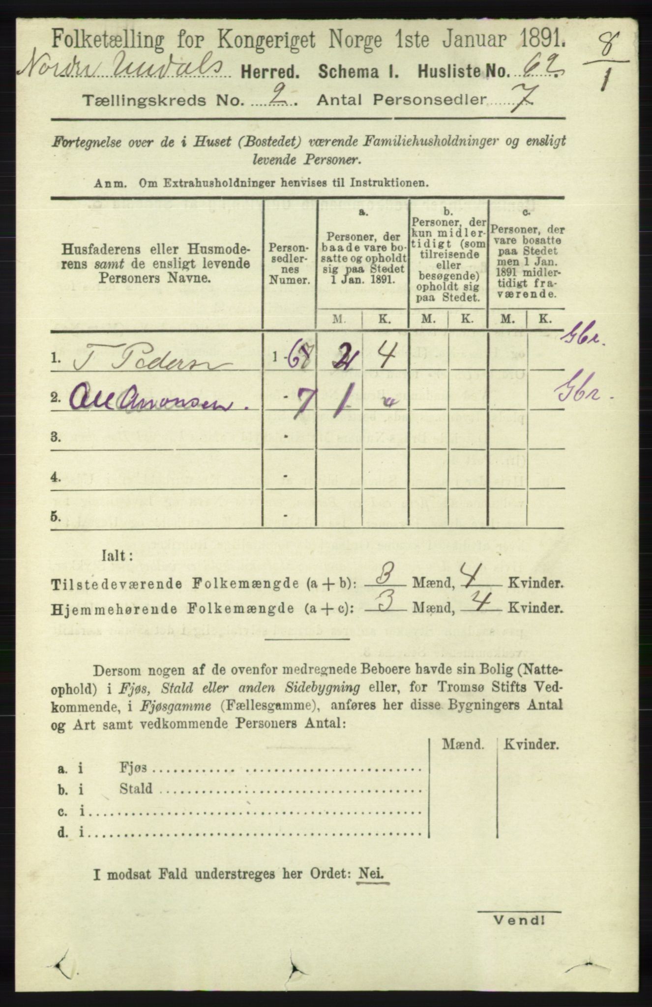 RA, 1891 census for 1028 Nord-Audnedal, 1891, p. 341