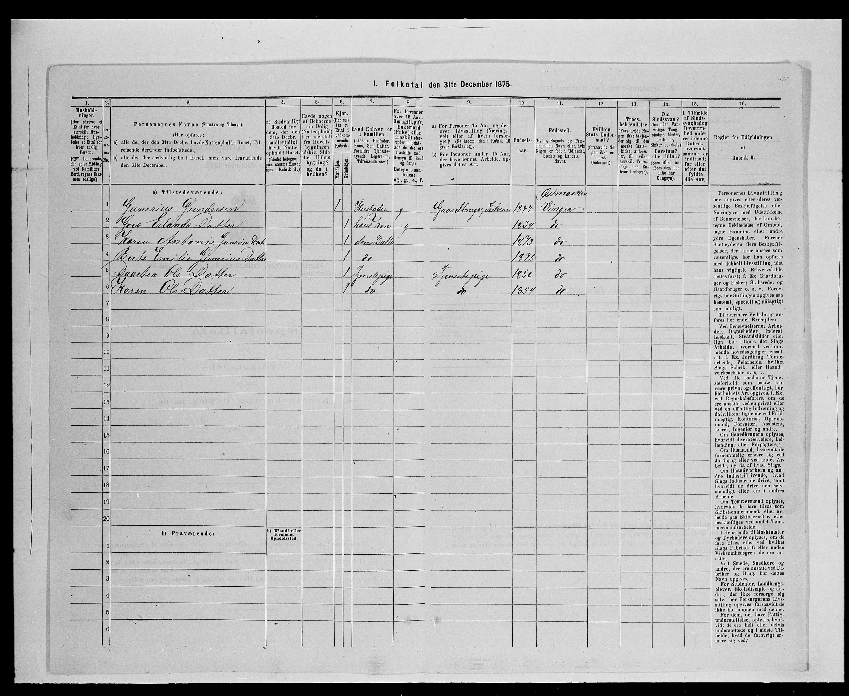 SAH, 1875 census for 0421L Vinger/Vinger og Austmarka, 1875, p. 1607