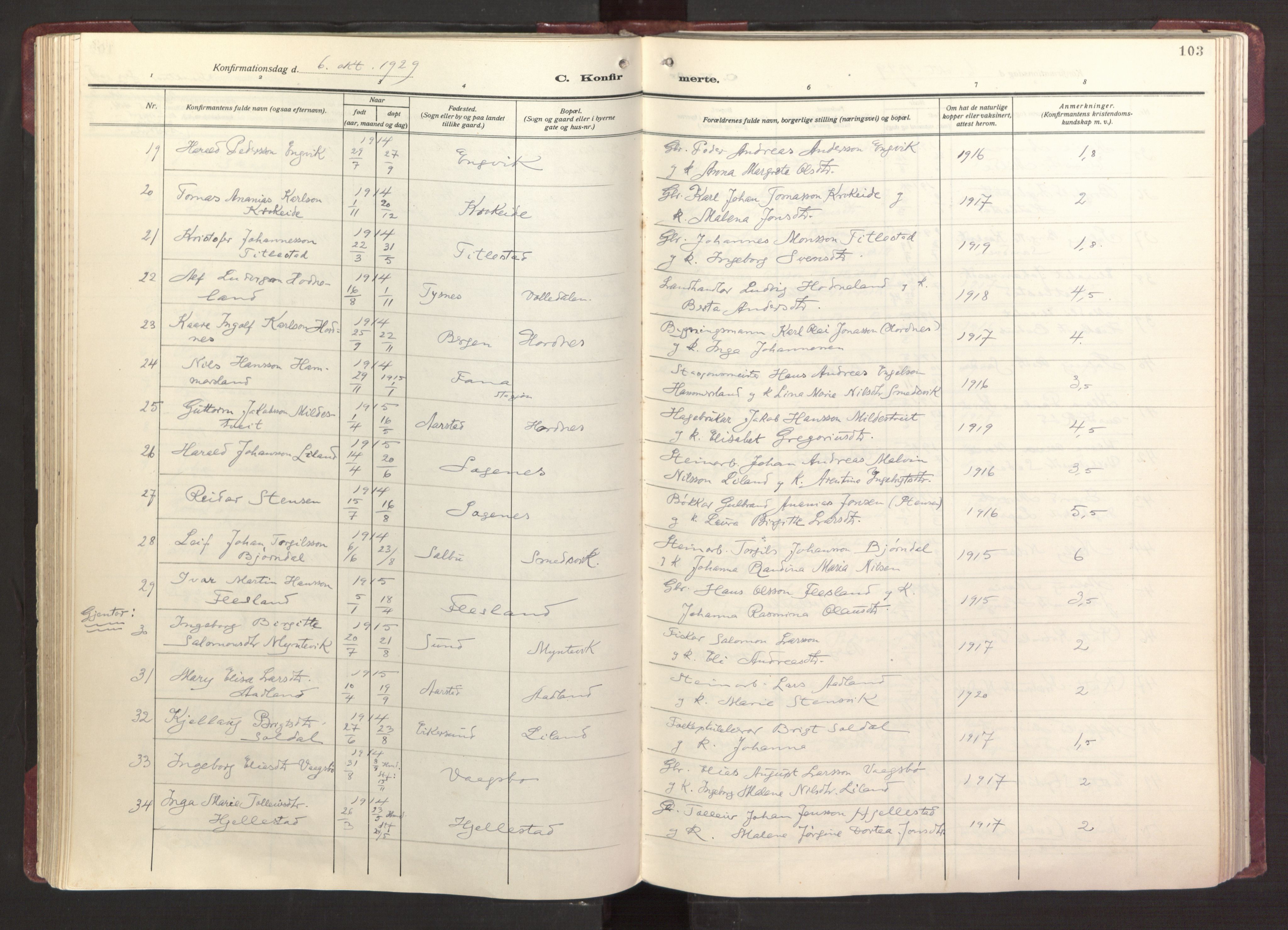 Fana Sokneprestembete, AV/SAB-A-75101/H/Haa/Haab/L0006: Parish register (official) no. B 6, 1923-1967, p. 103