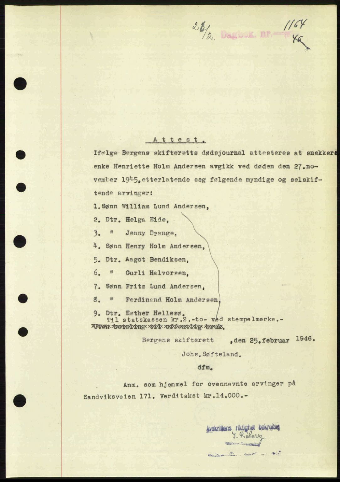 Byfogd og Byskriver i Bergen, SAB/A-3401/03/03Bc/L0022: Mortgage book no. A18, 1946-1946, Diary no: : 1164/1946
