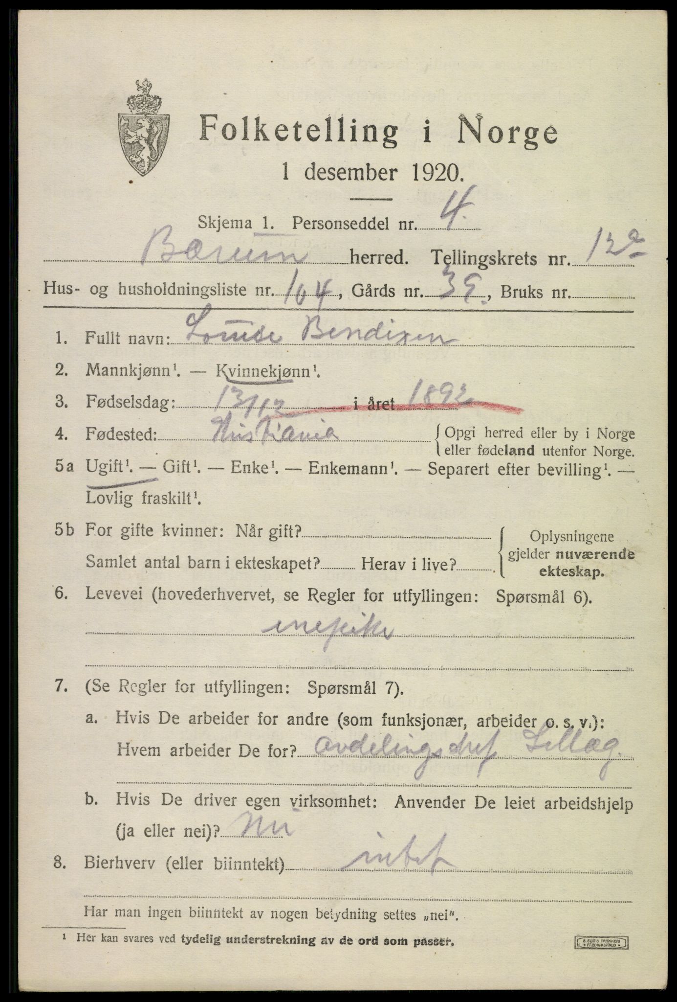 SAO, 1920 census for Bærum, 1920, p. 27250