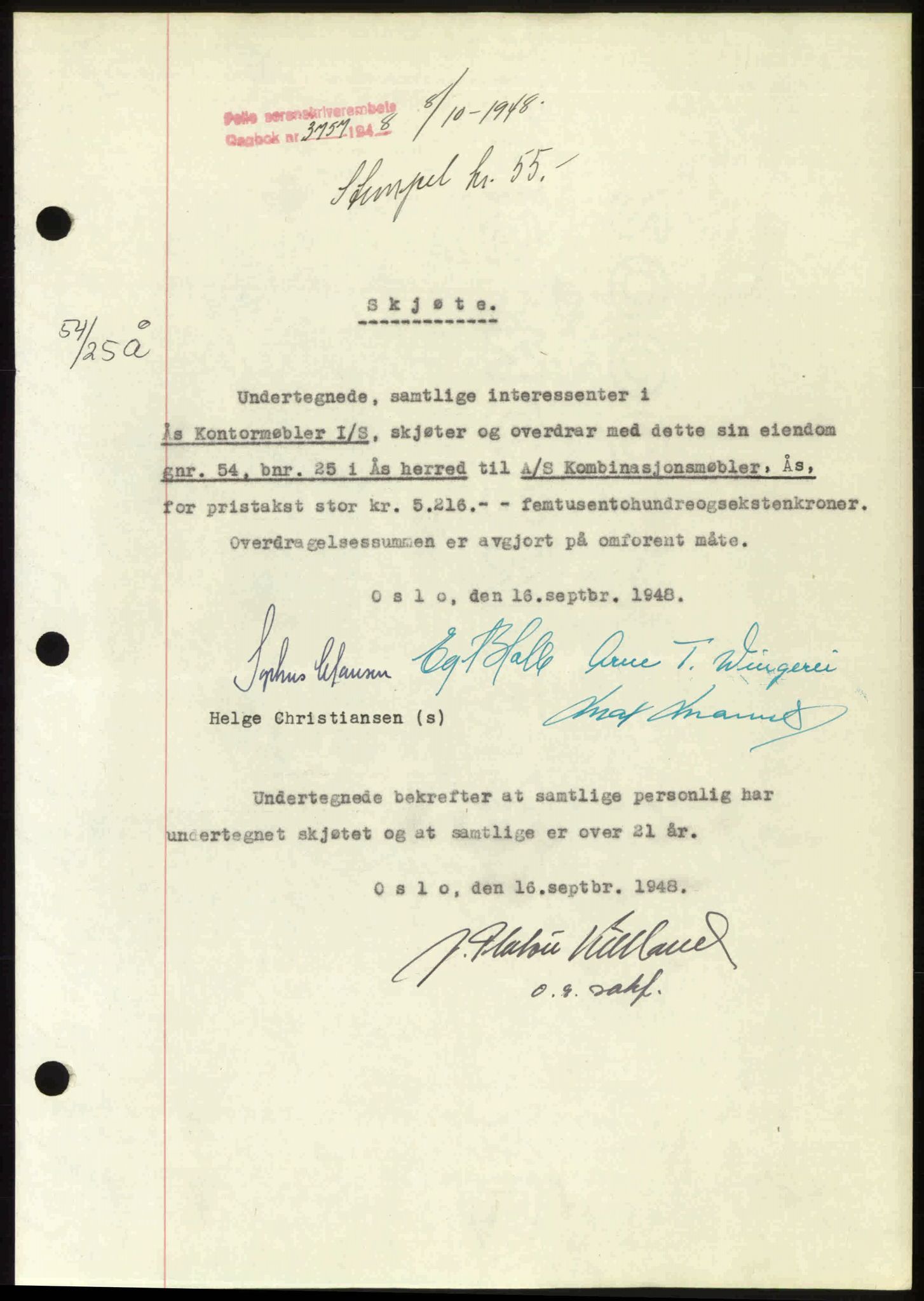 Follo sorenskriveri, SAO/A-10274/G/Ga/Gaa/L0085: Mortgage book no. I 85, 1948-1948, Diary no: : 3757/1948