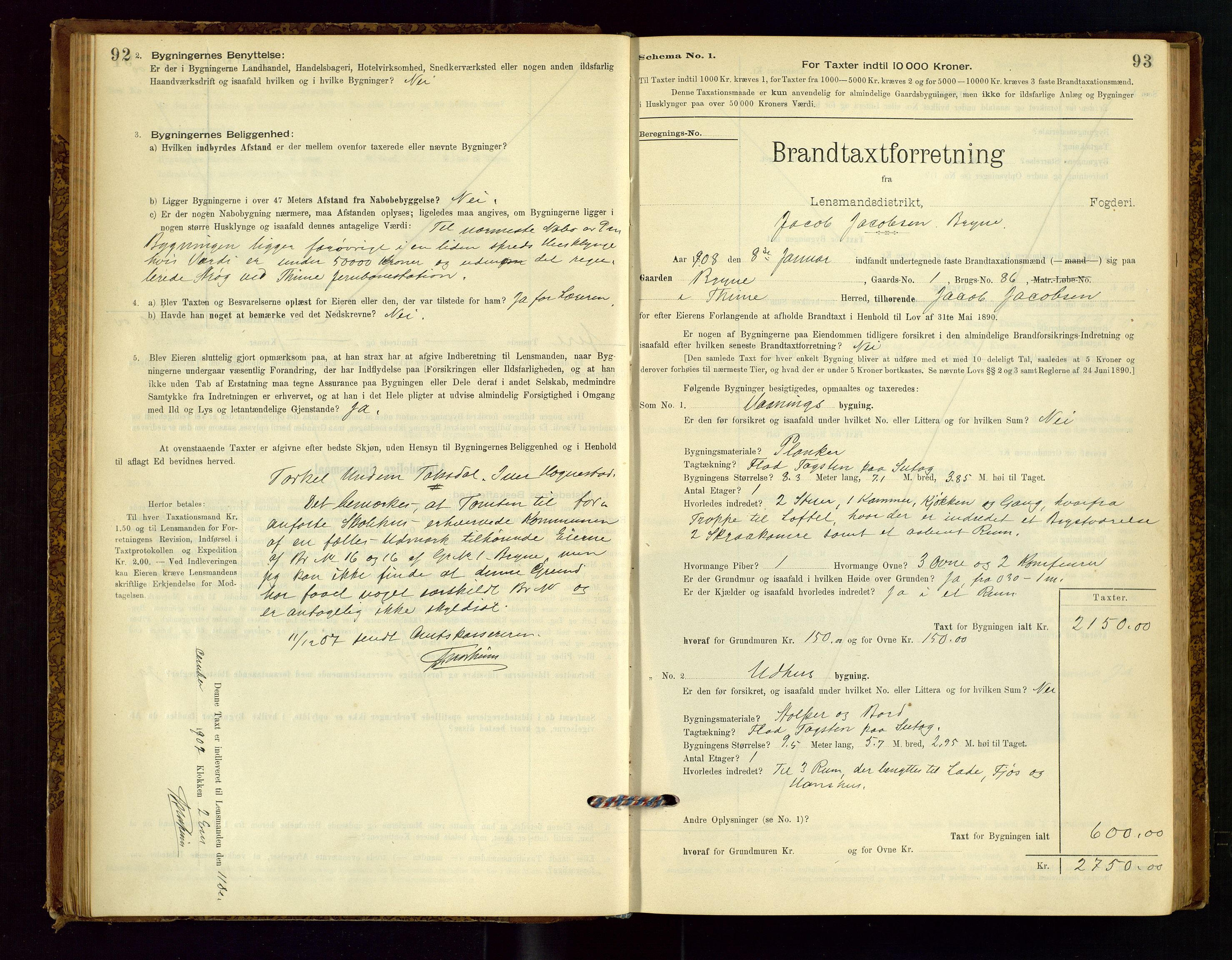 Time lensmannskontor, AV/SAST-A-100420/Gob/L0001: Branntakstprotokoll, 1896-1914, p. 92-93